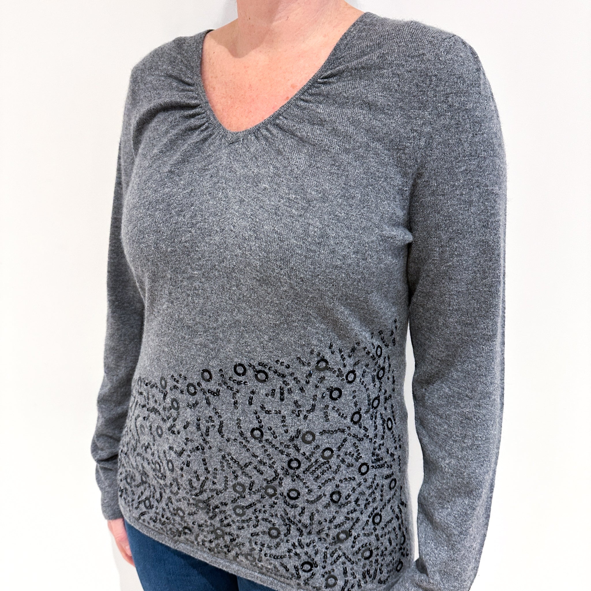 Steel Grey Sequinned Cashmere V-Neck Jumper Large