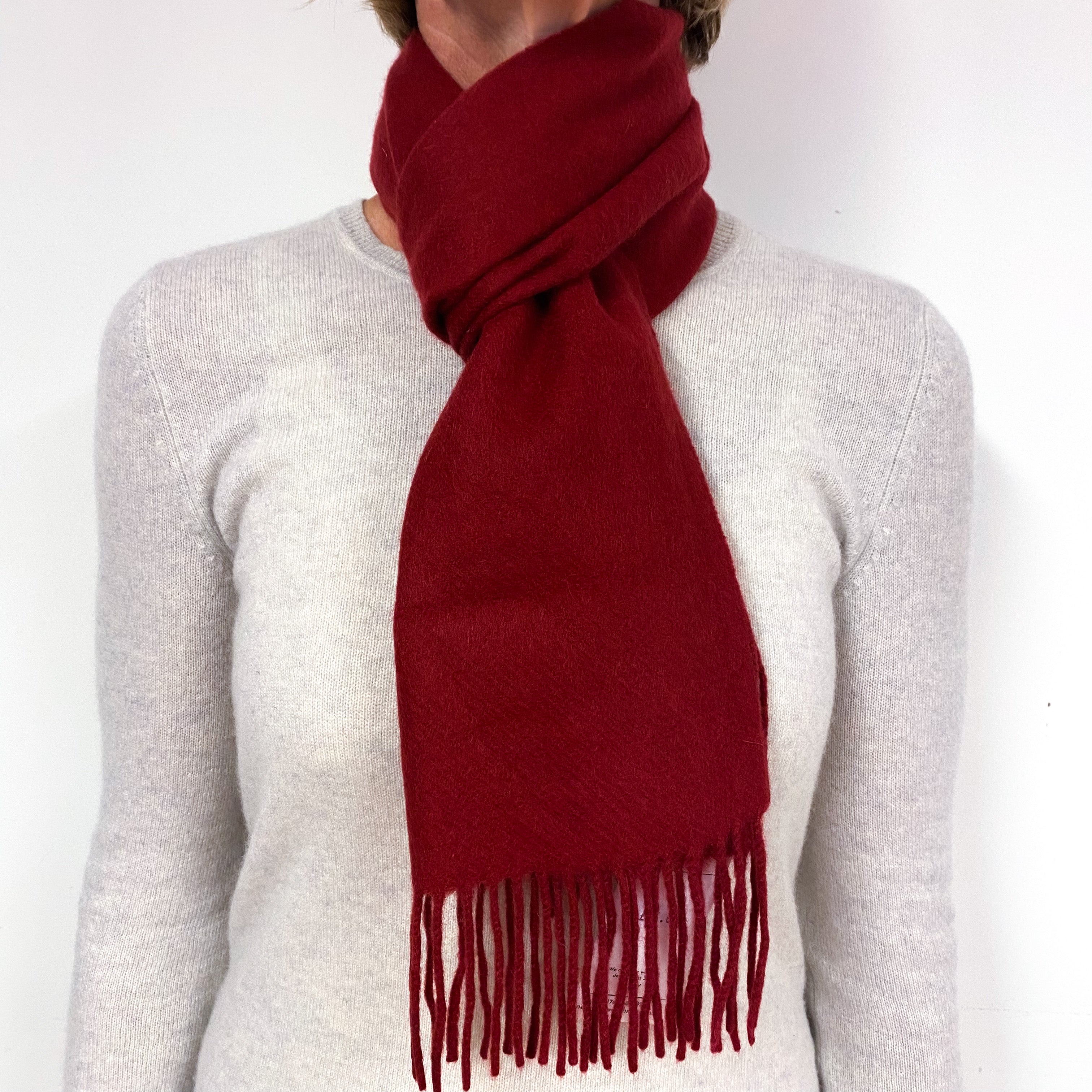 Crimson Red Fringed Cashmere Woven Scarf