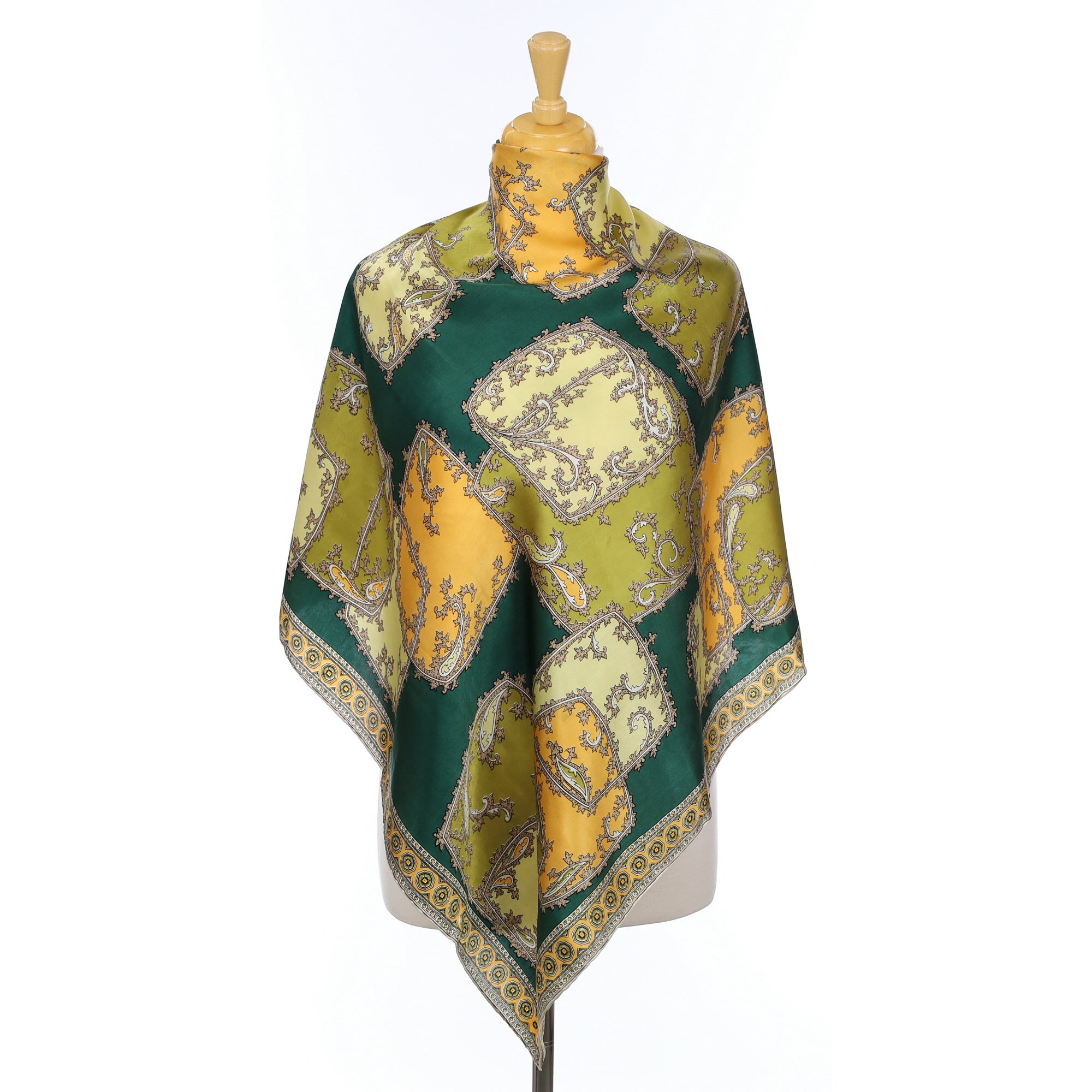 Green & Yellow Abstract Paisley Vintage Silk Scarf