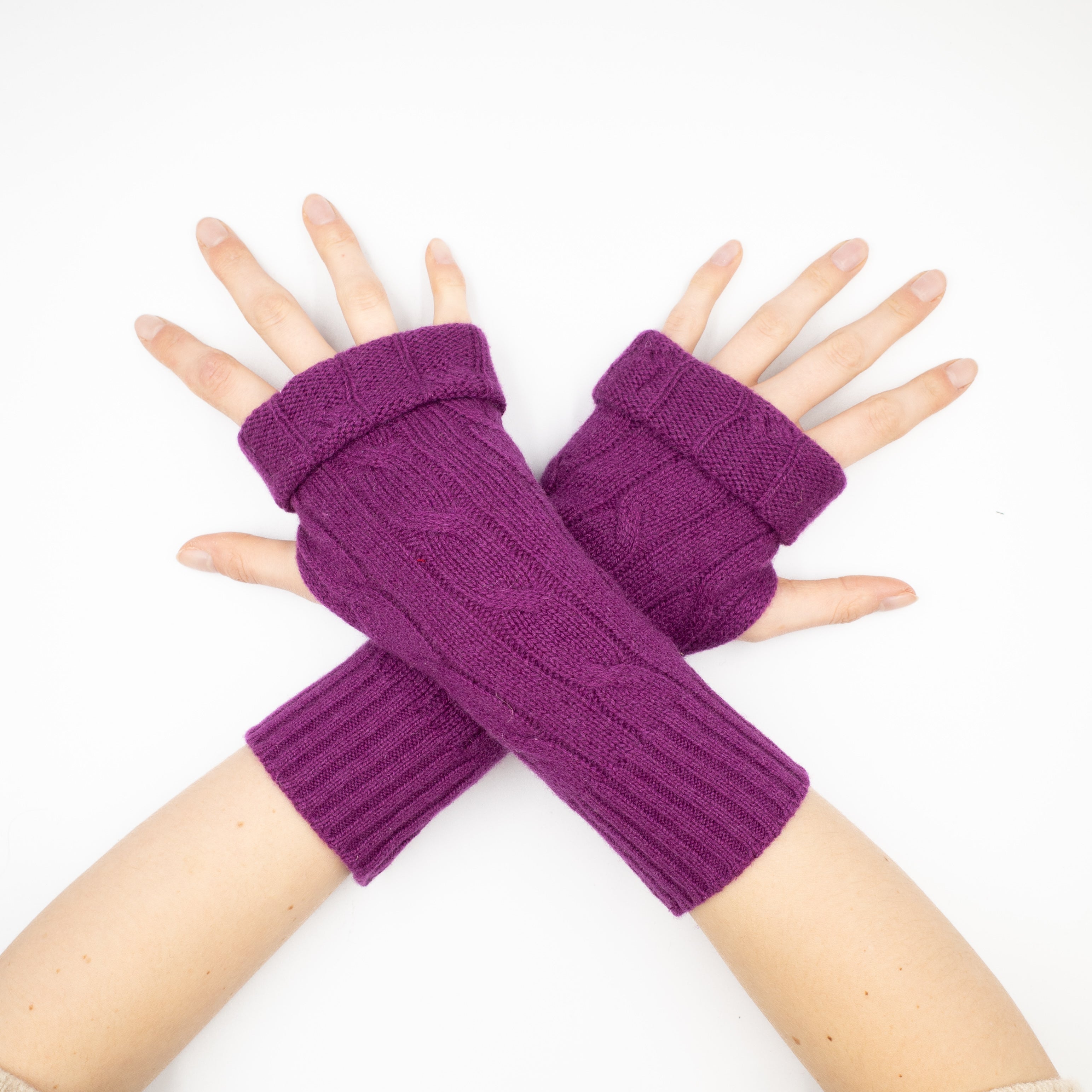 Deep Magenta Purple Cable Fingerless Gloves