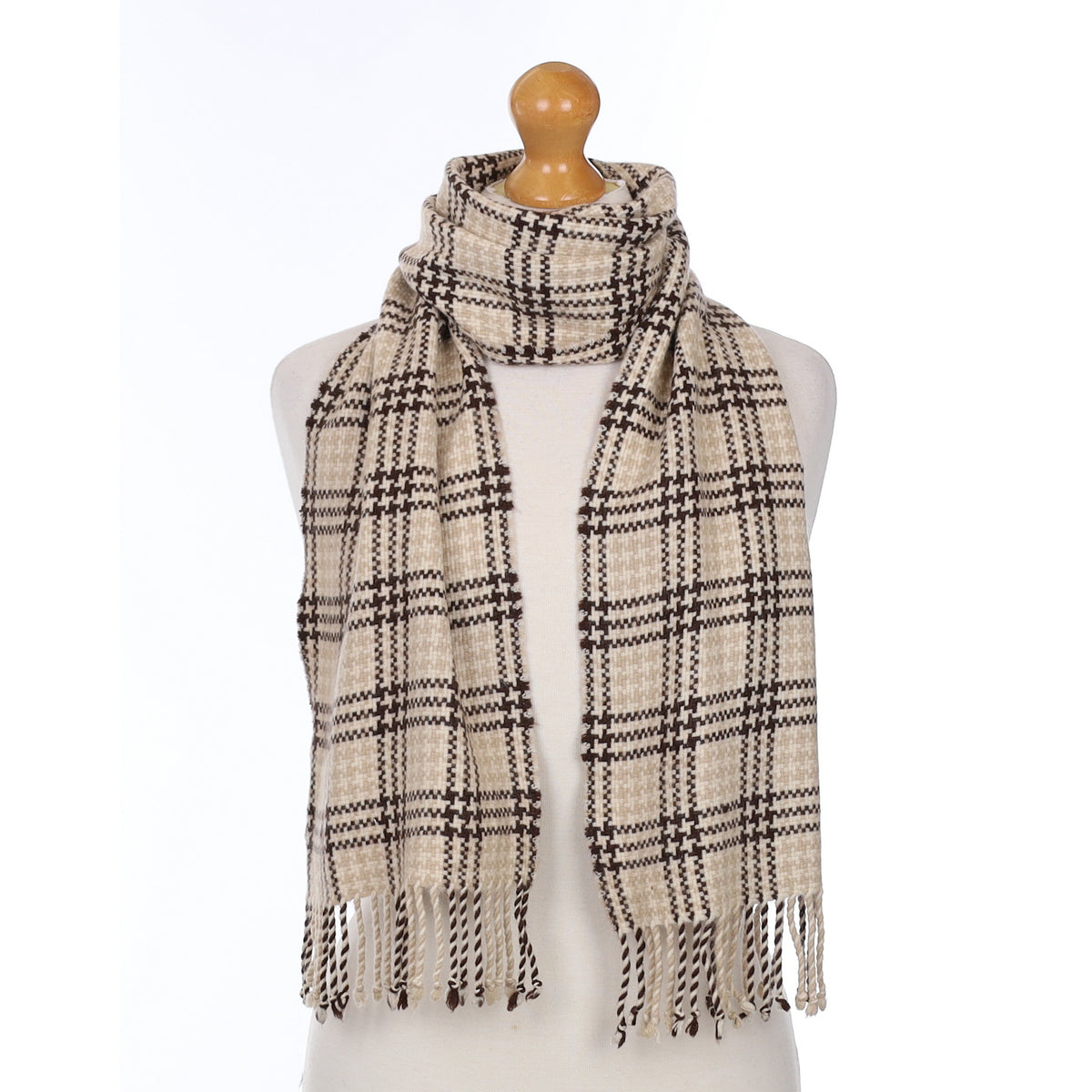 Brown and Beige Patterned Cashmere Woven Scarf