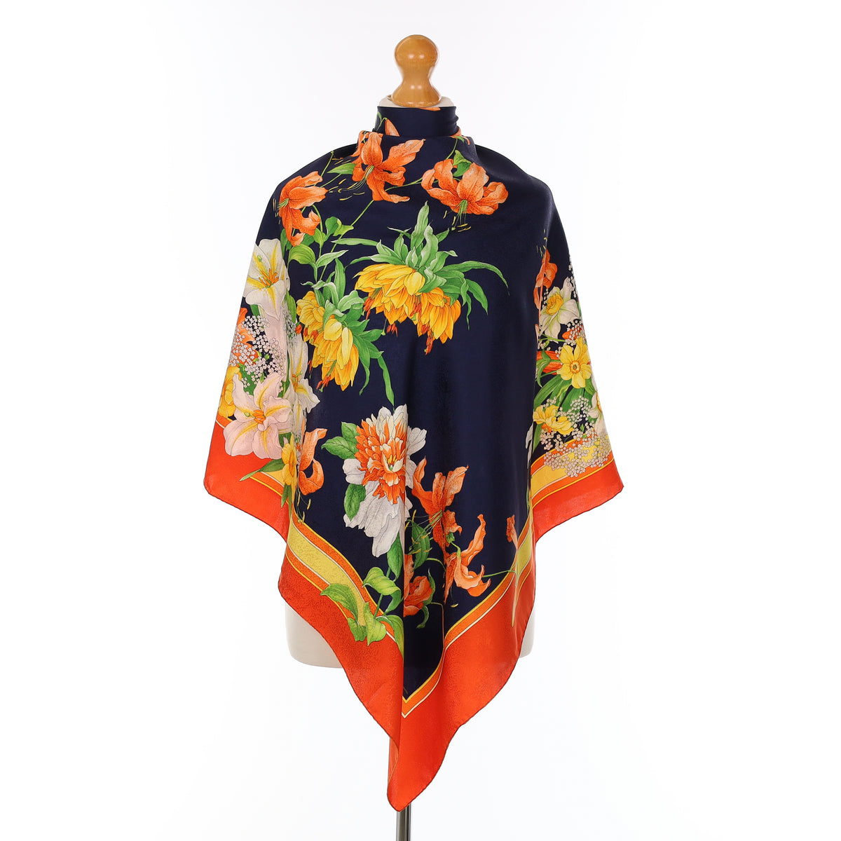 Orange And Navy Floral Vintage Silk Scarf