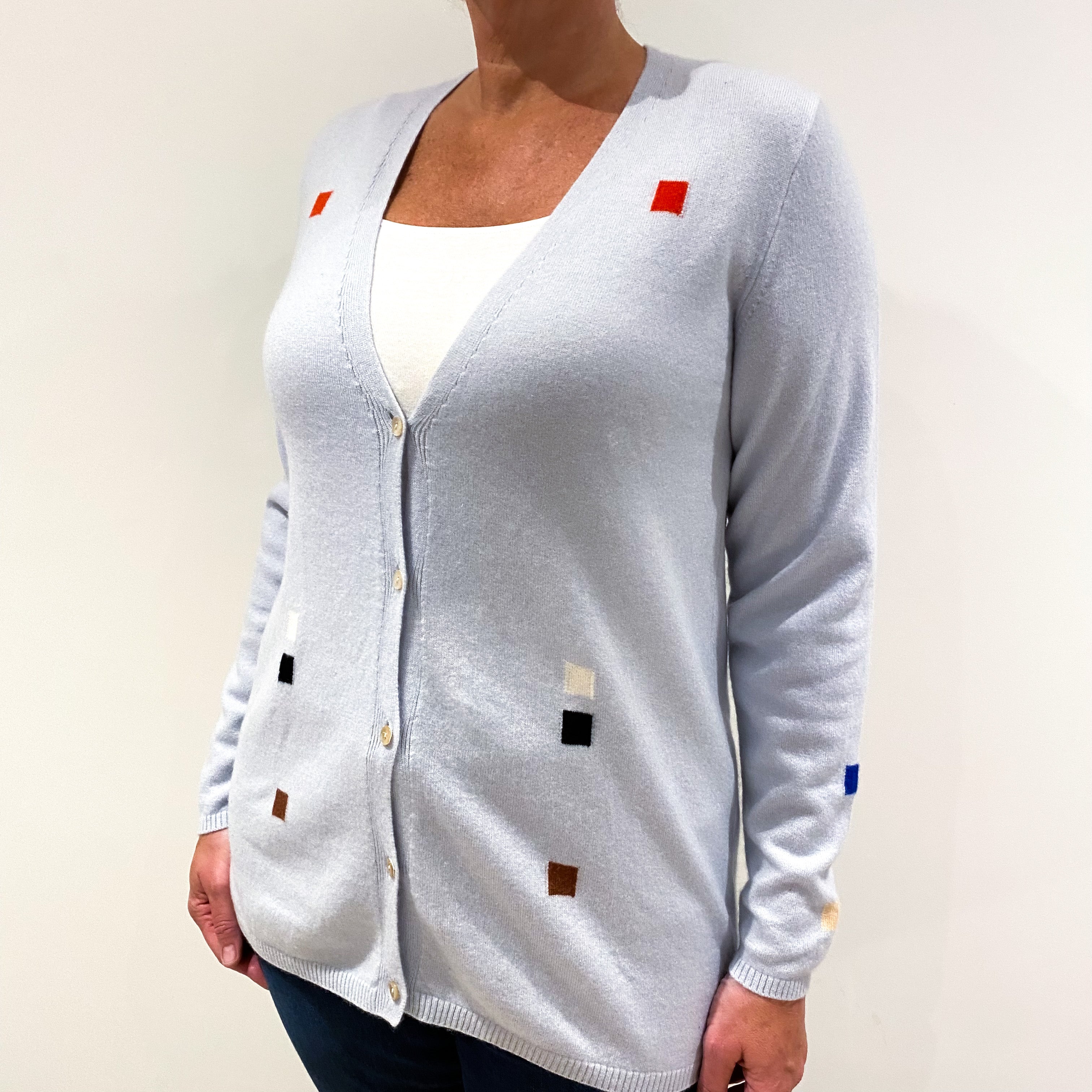 Opal Blue with Squares Cashmere Cardigan Large