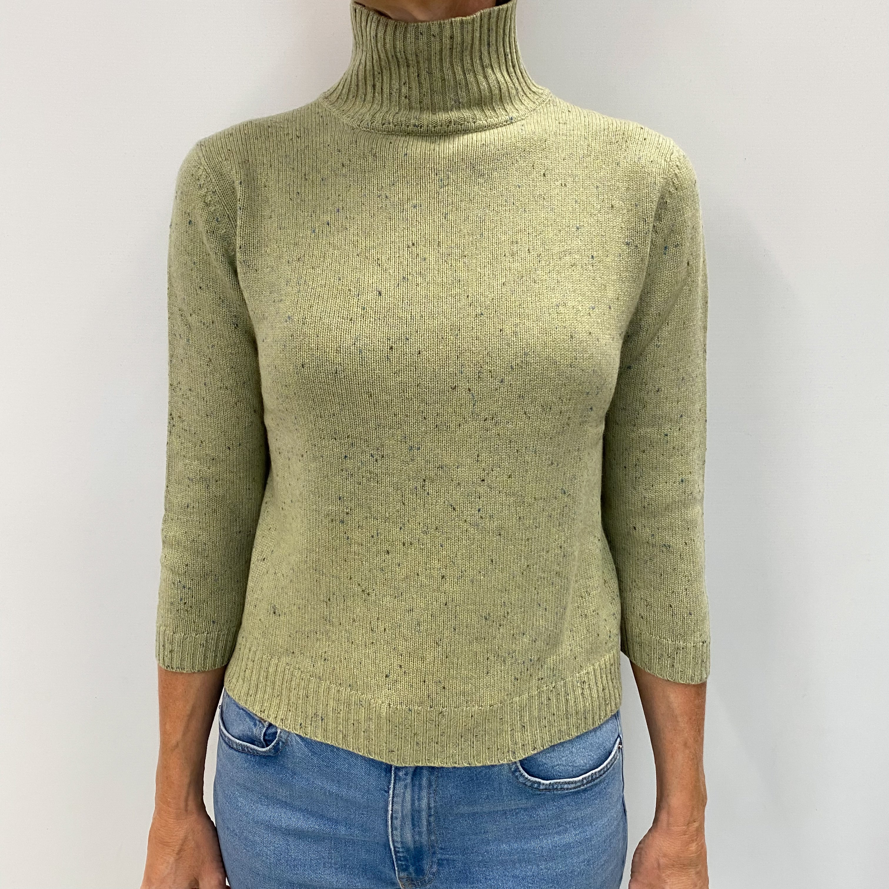 Soft Green Flecked Cashmere Turtle Neck Jumper Small