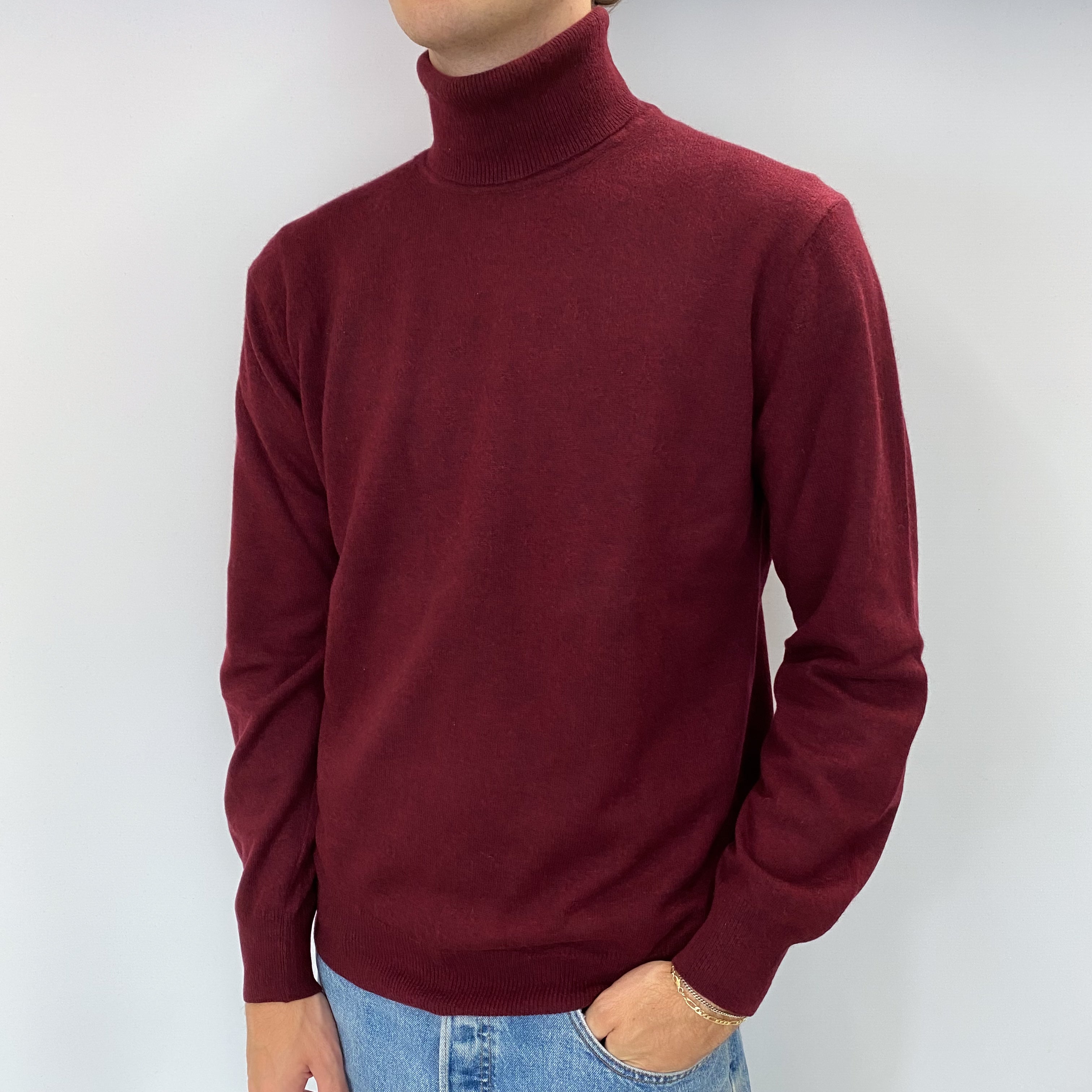Men's Burgundy Red Cashmere Polo Neck Jumper Large