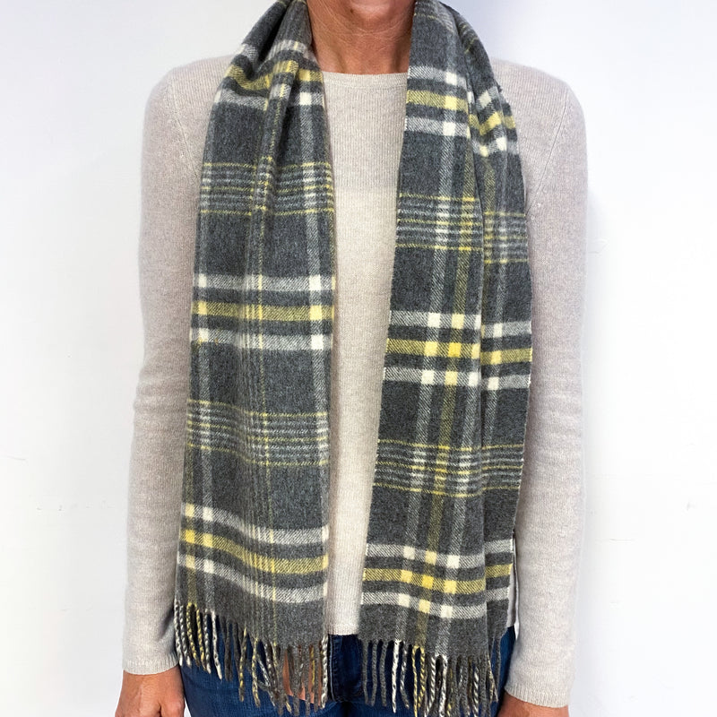 Grey and Lemon Checked Fringed Cashmere Woven Scarf