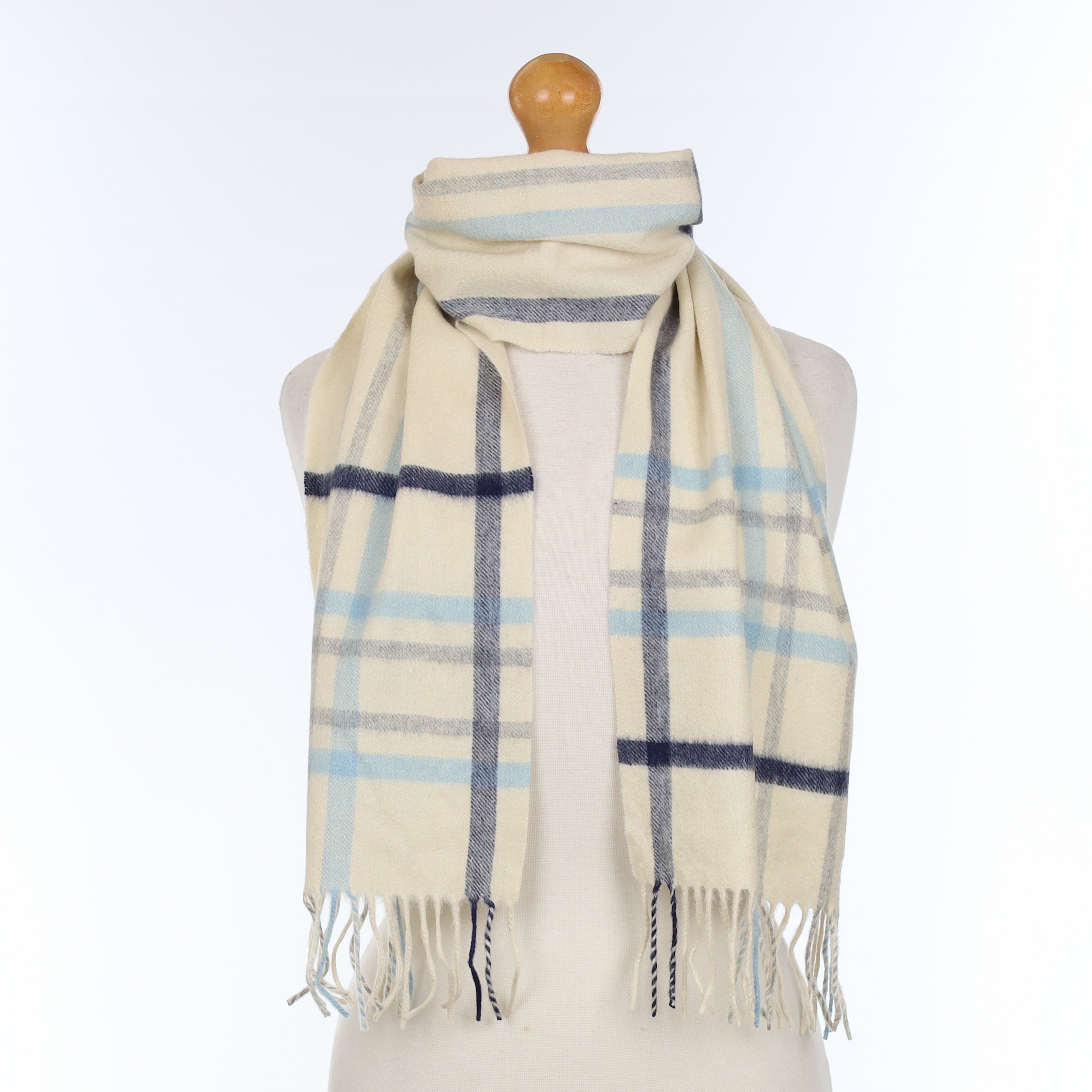 Ivory and Blue Checked Cashmere Woven Scarf