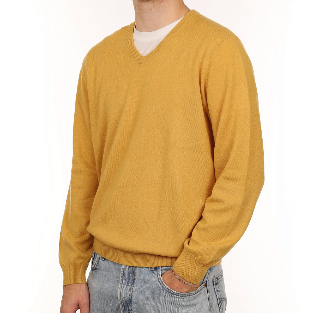 Men's Mustard Yellow Lightweight Cashmere V Neck Jumper Large