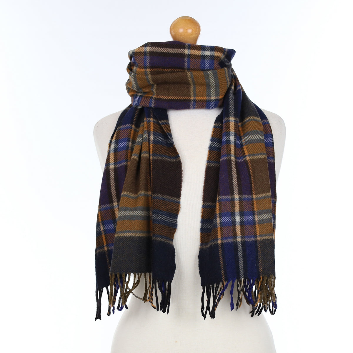 Butterscotch and Deep Blue Checked Cashmere Woven Scarf