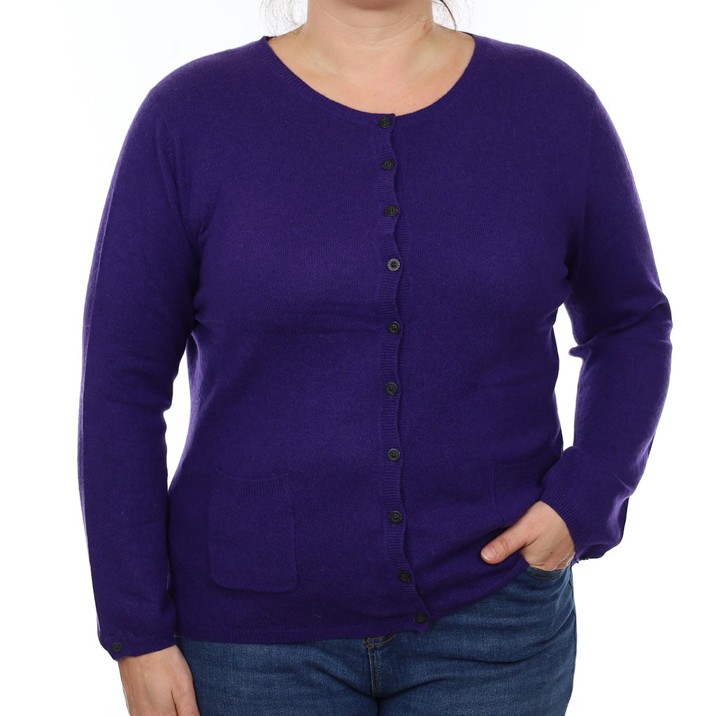 Yorn Iris Purple Cashmere Crew Neck Cardigan with Pockets Large
