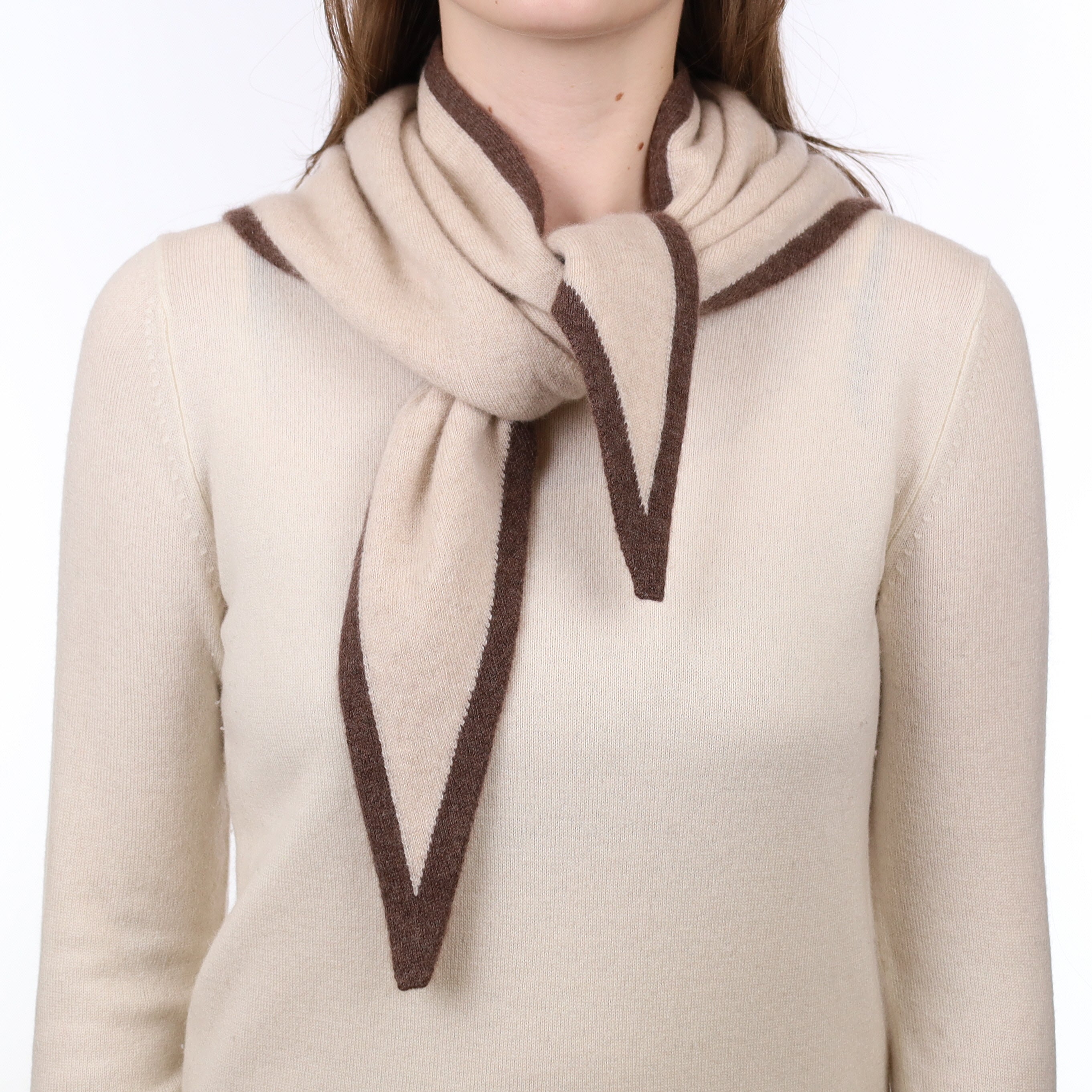Brand New Sand Beige and Mocha Recycled Cashmere Triangle Scarf