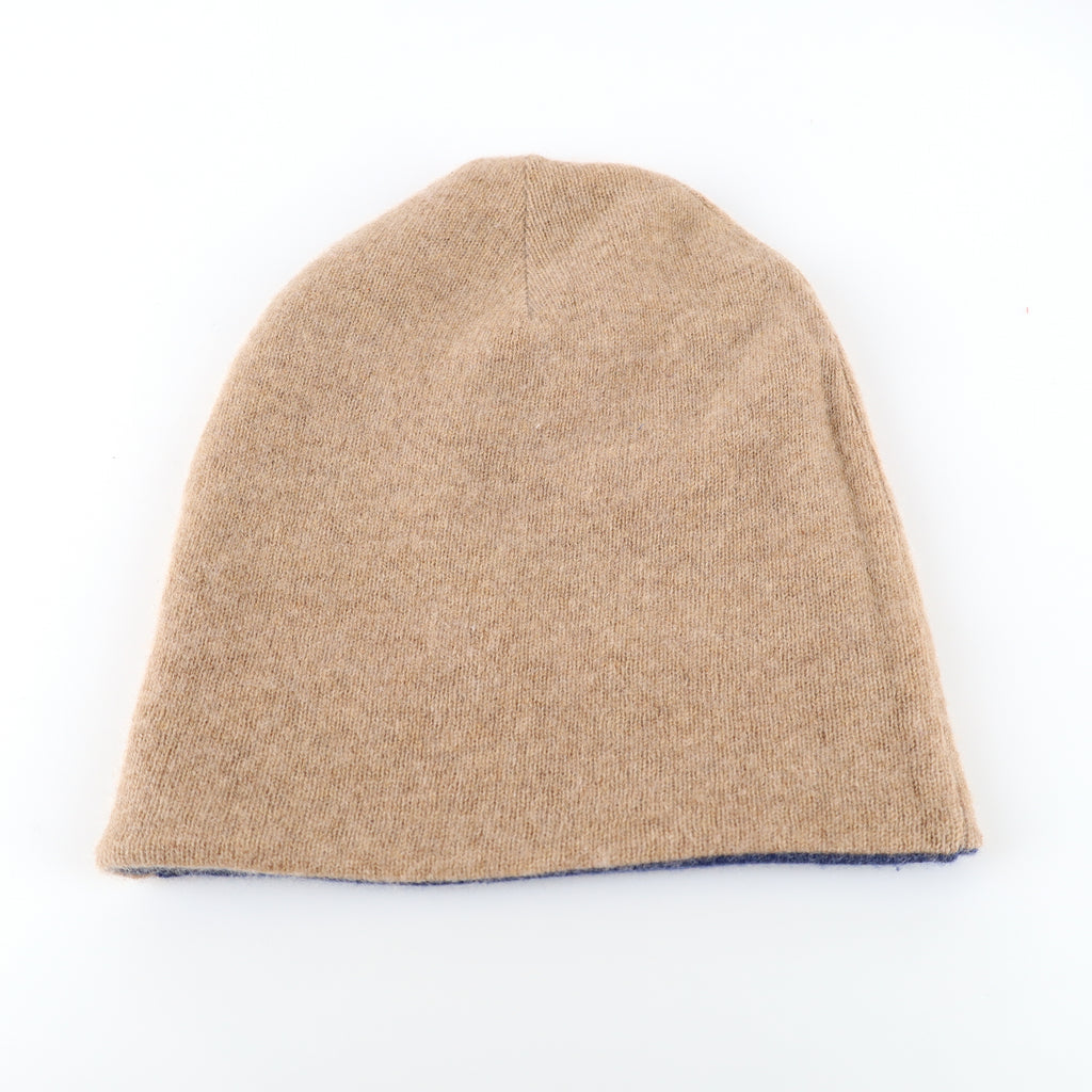 Denim Blue and Camel Cashmere Beanie Hat