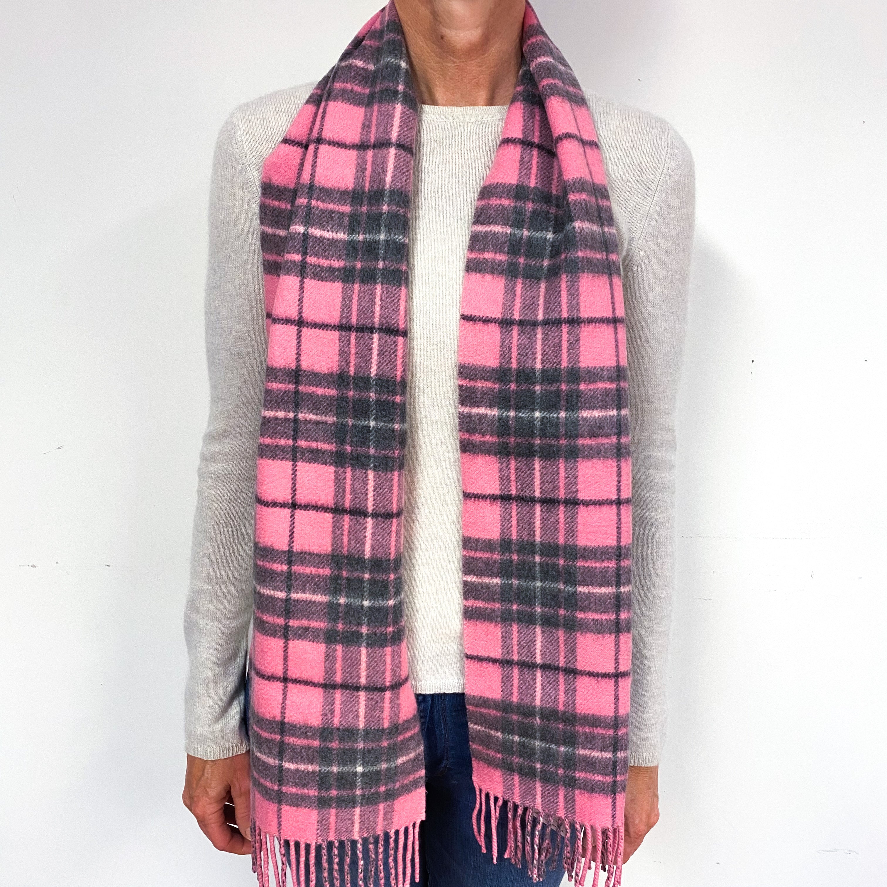 Pink and Grey Tartan Fringed Cashmere Woven Scarf