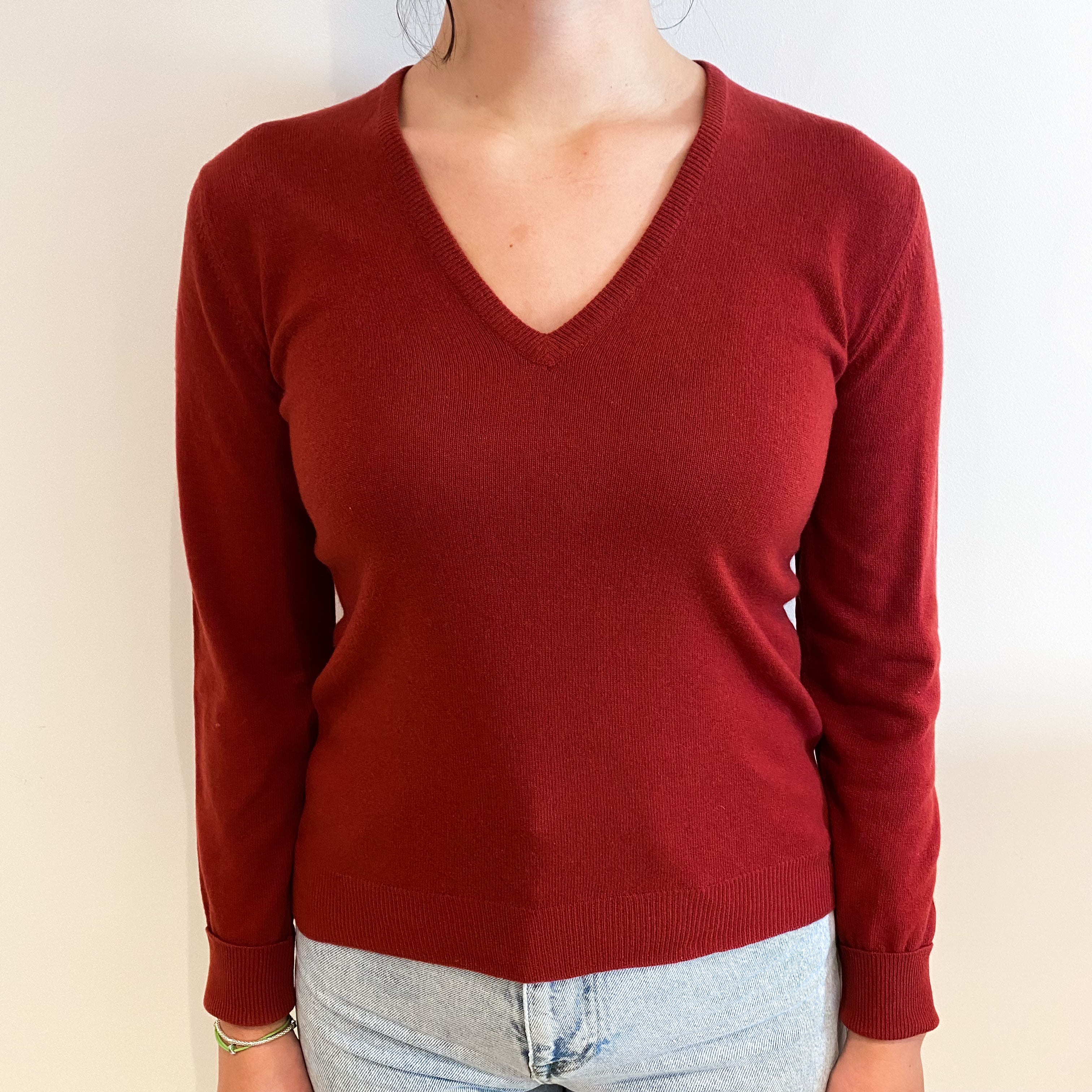 Vintage Brick Red V-Neck Jumper Small