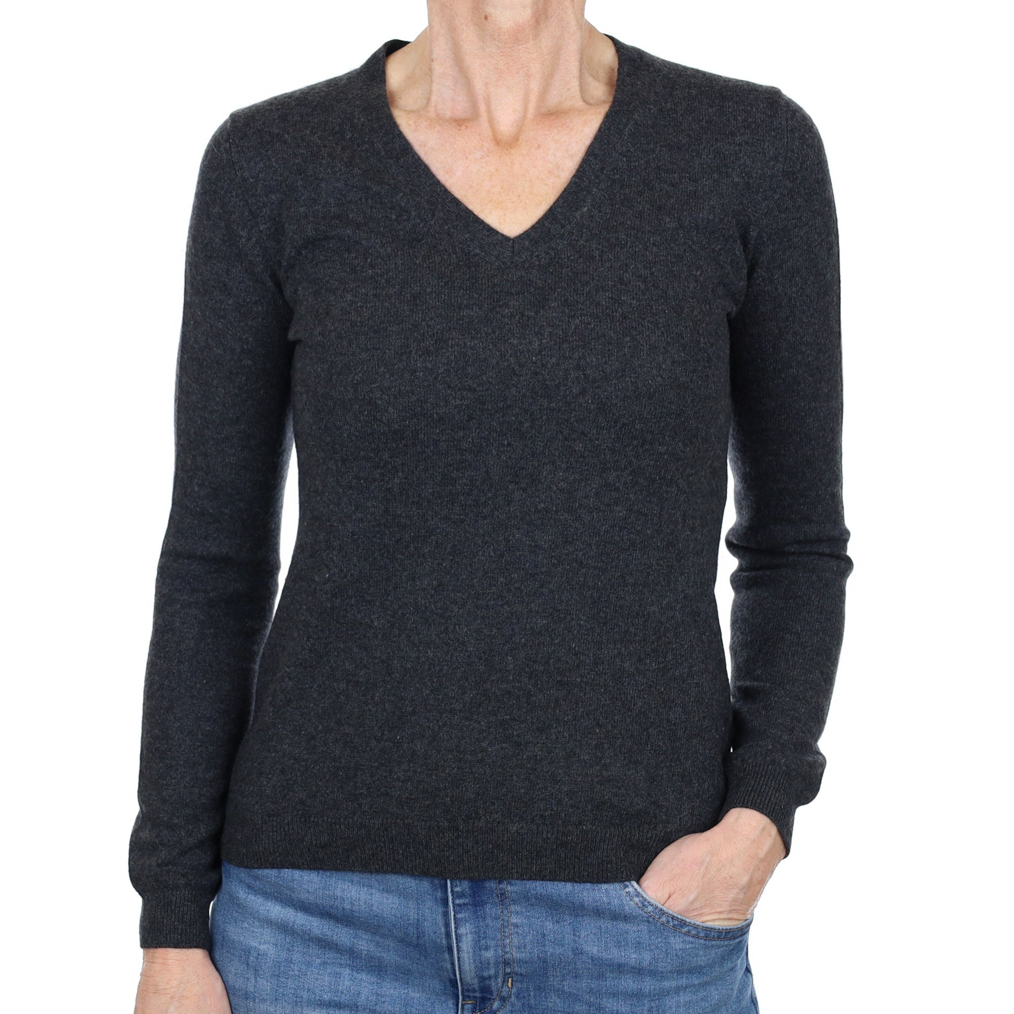 Charcoal Grey Cashmere V Neck Jumper Small
