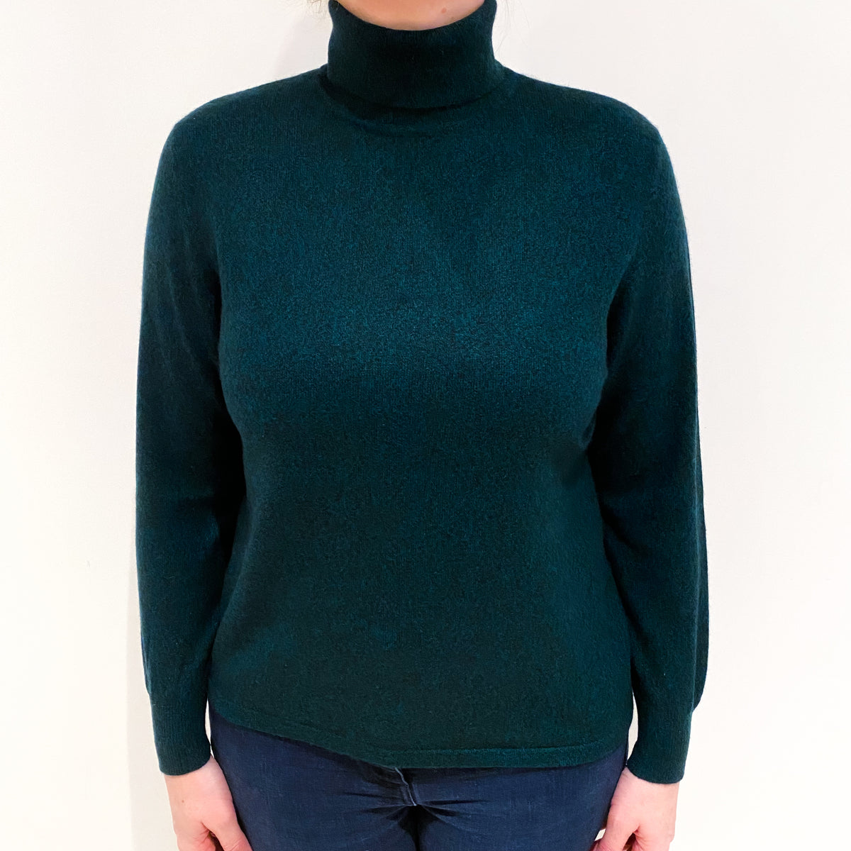 Forest Green Marl Cashmere Polo Neck Jumper Large