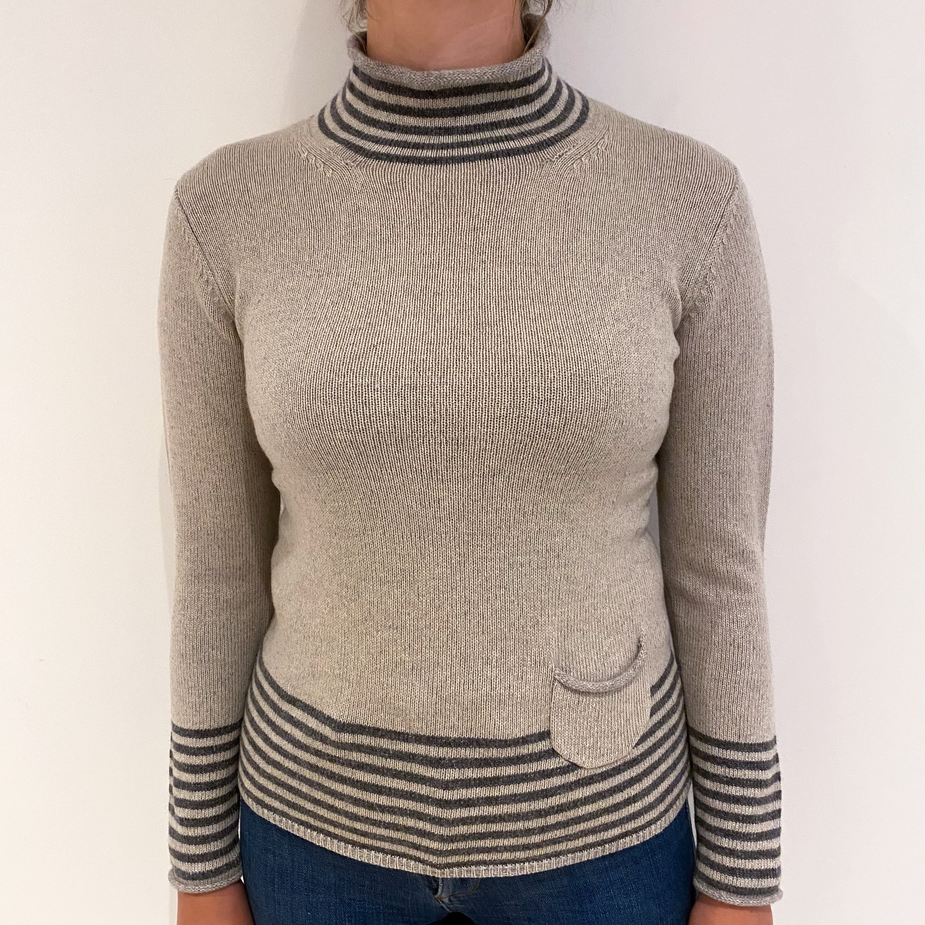 Grey Striped Cashmere Funnel Neck Jumper with Pocket Small