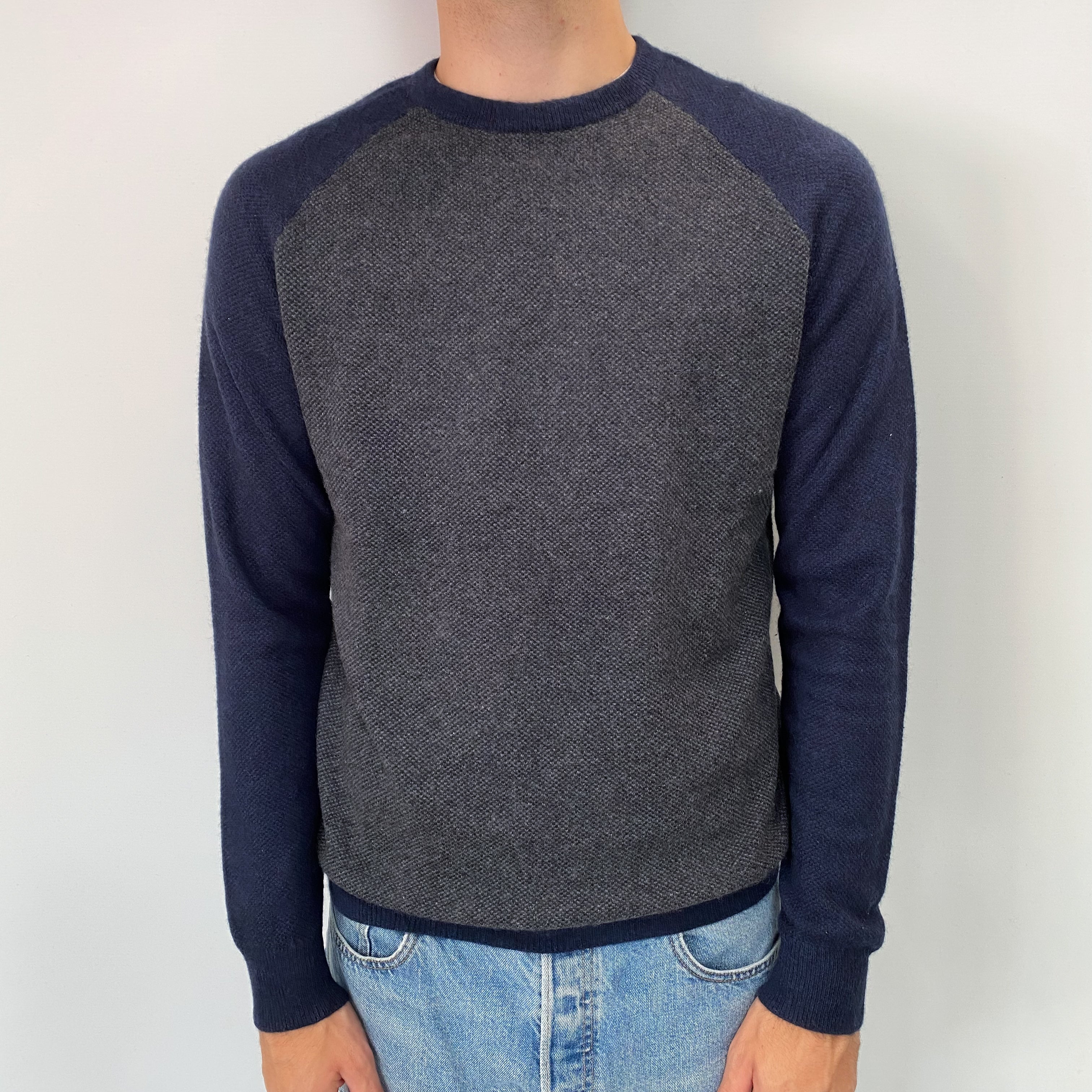 Men's Navy and Charcoal Grey Cashmere Crew Neck Jumper Medium