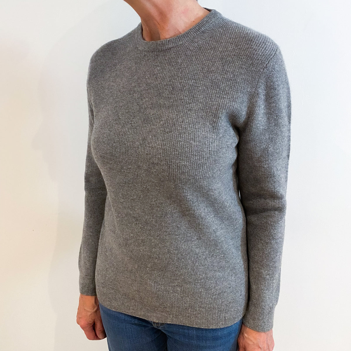 Ash Grey Cashmere Crew Neck Textured Knit Jumper Medium