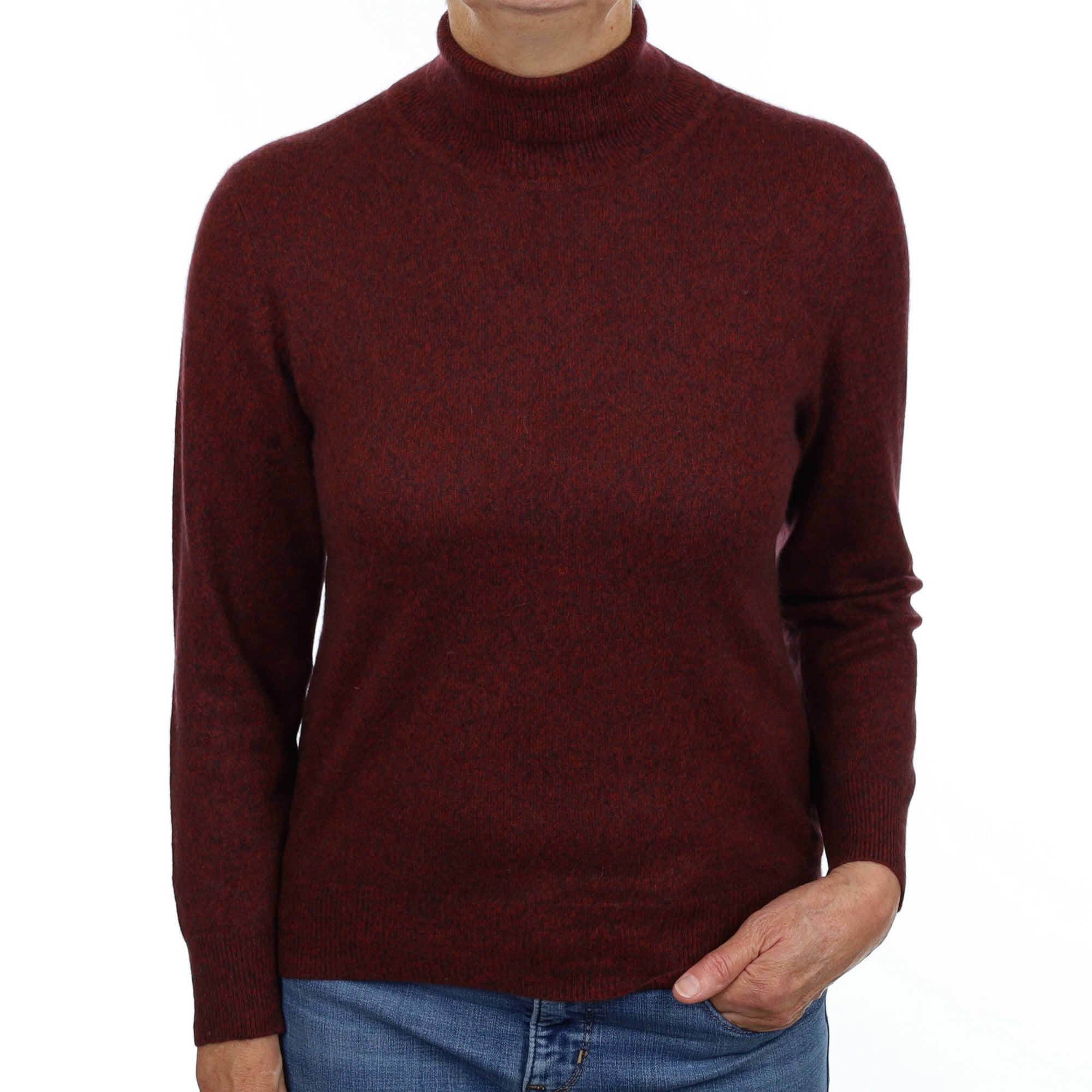 Wine Red Marl Cashmere Polo Neck Jumper Medium