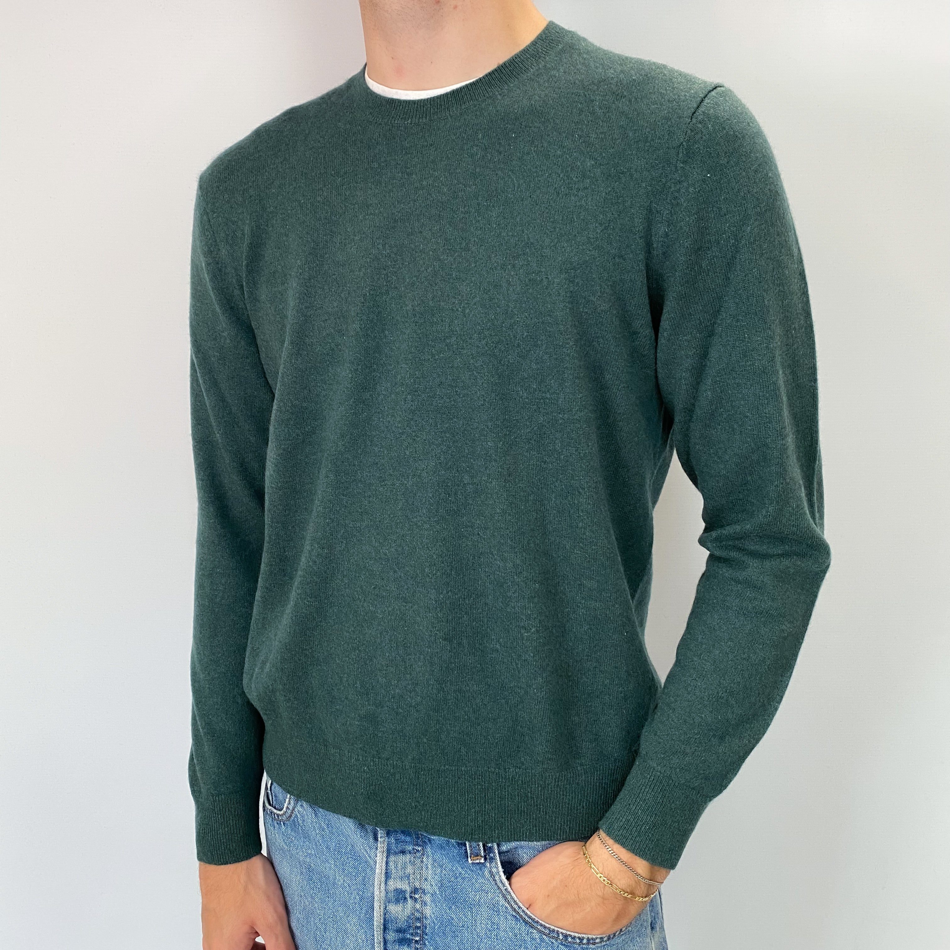Men's Spruce Green Cashmere Crew Neck Jumper Medium