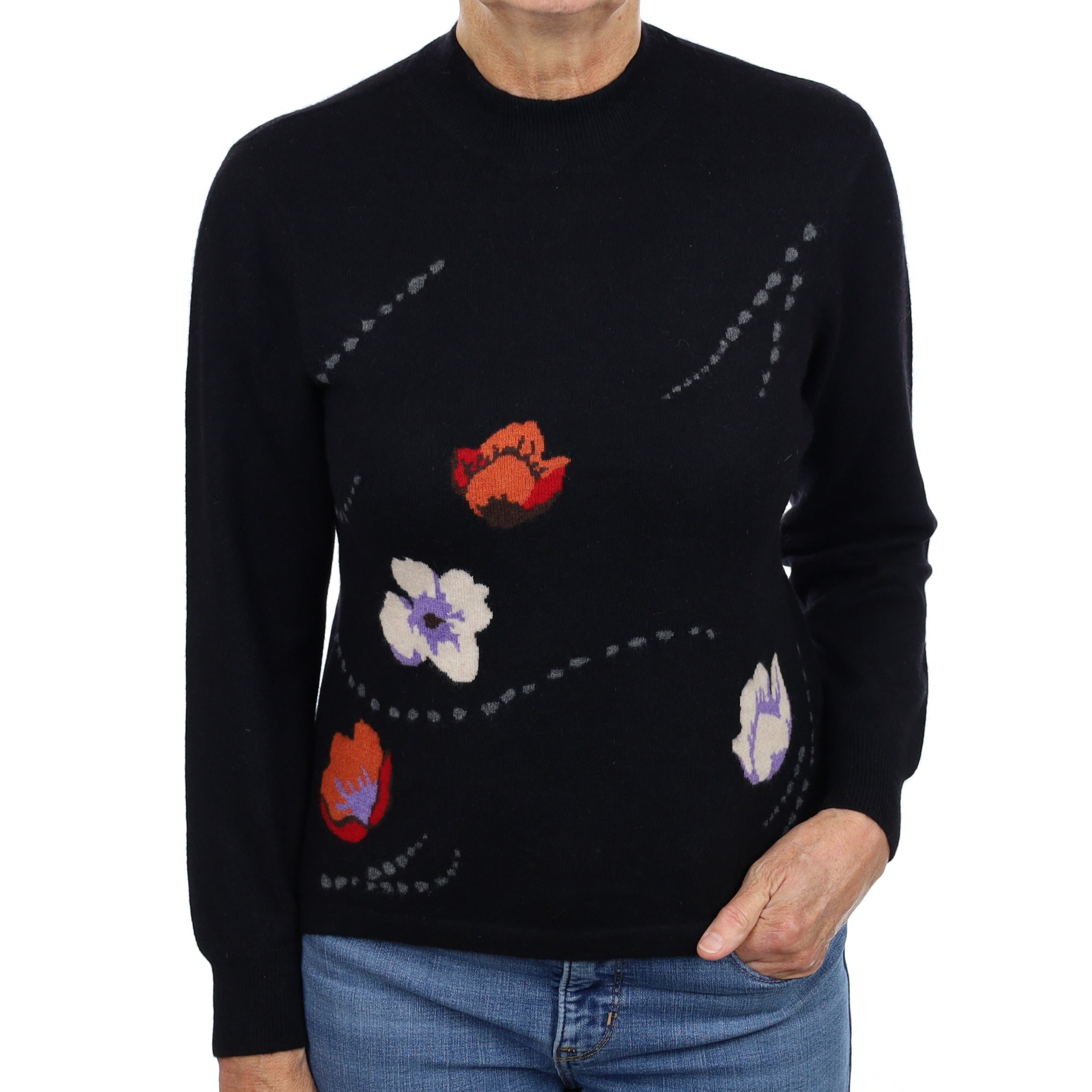 Black Floral Cashmere Turtle Neck Jumper Medium