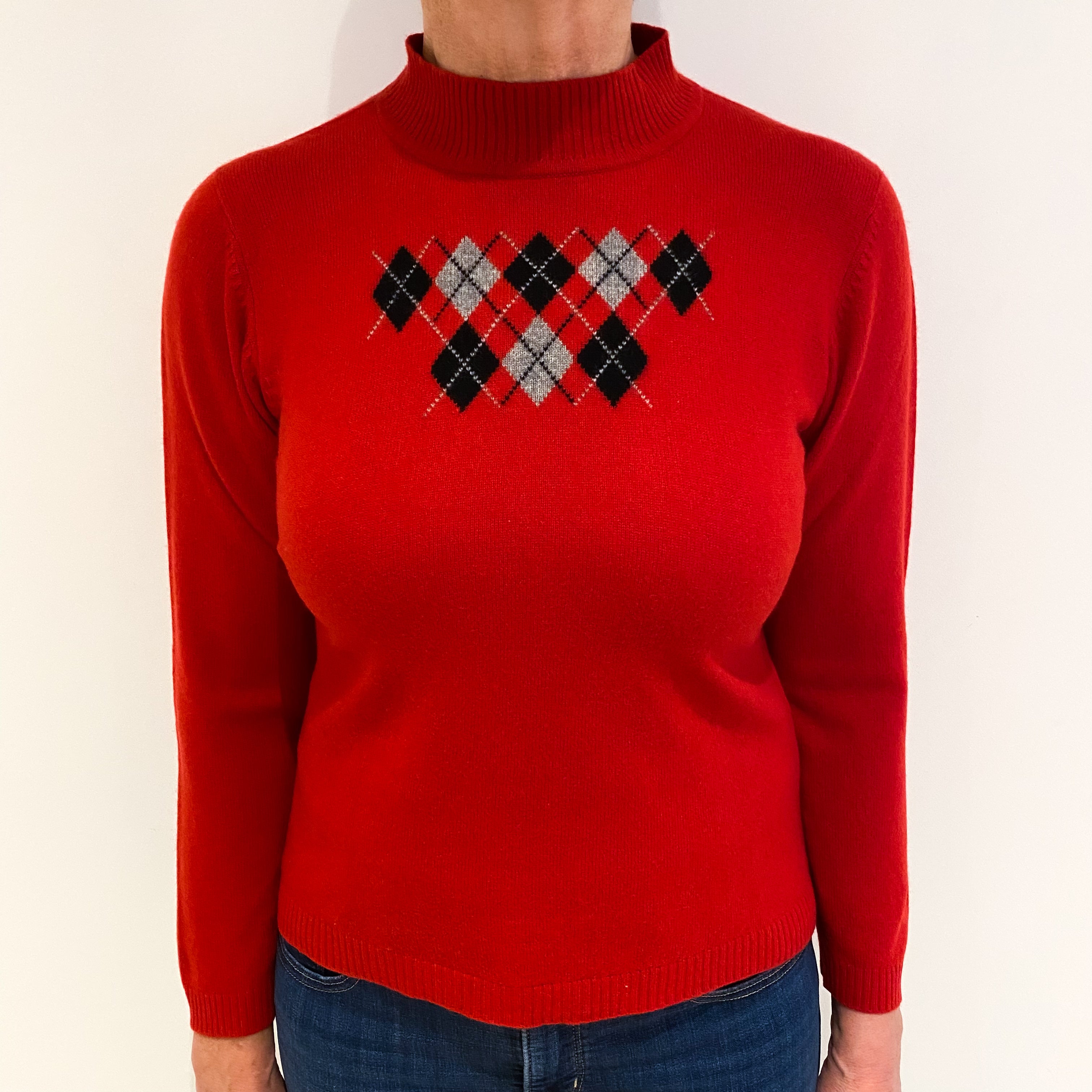 Spanish Red Black Diamond Cashmere Turtle Neck Jumper Medium
