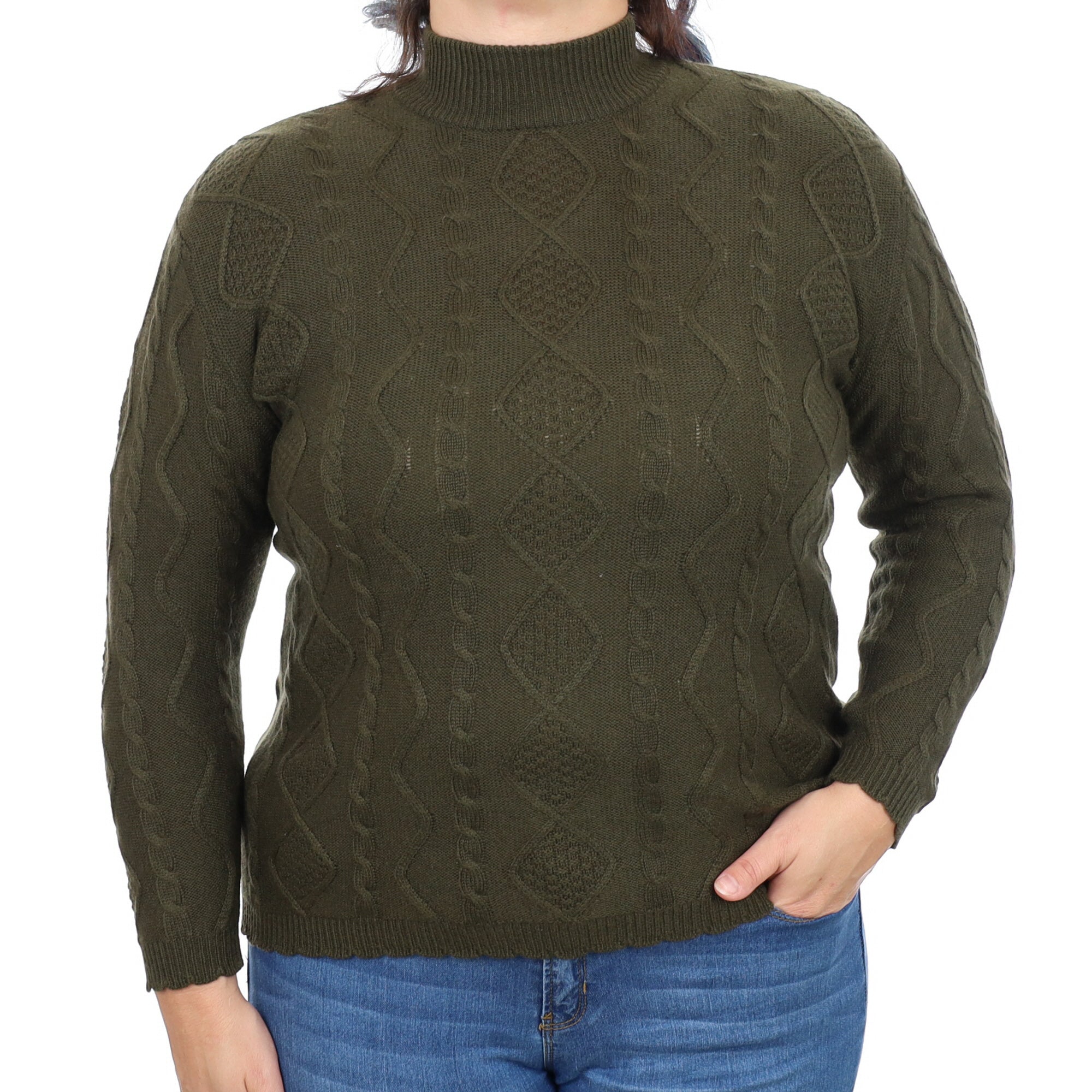 Deep Khaki Green Cashmere Turtle Neck Cable Knit Jumper Large