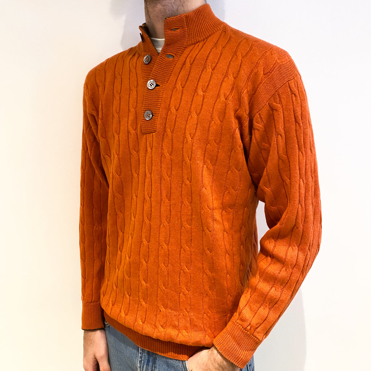 Men's N Peal Orange Cable Cashmere 1/4 Button Jumper Large
