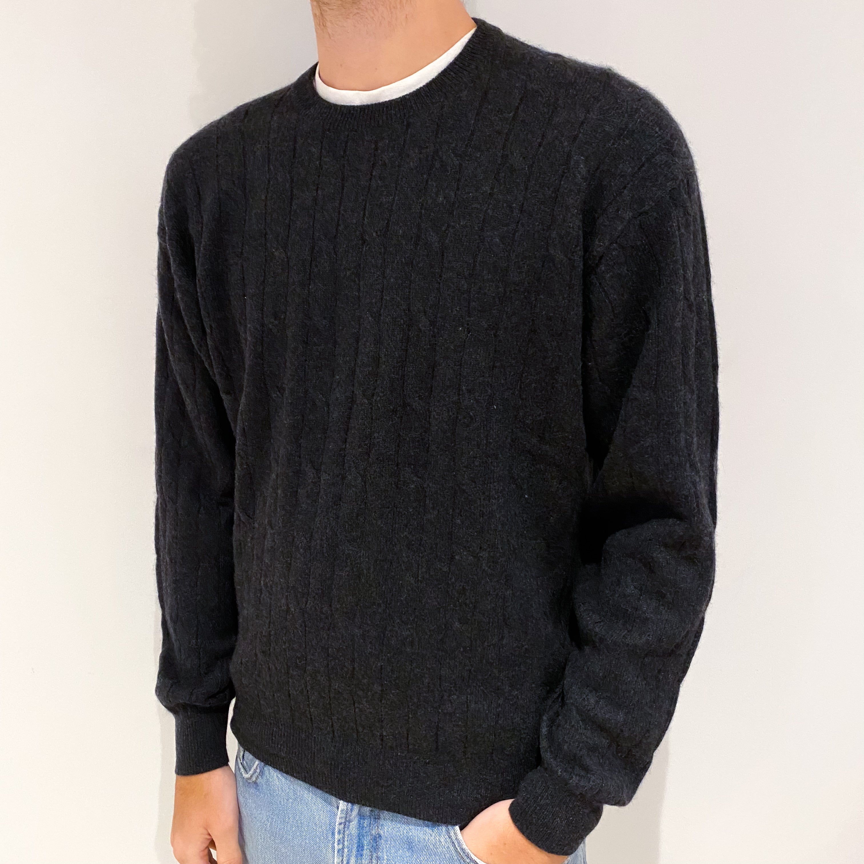 Men's Dark Grey Cashmere Crew Neck Jumper Large