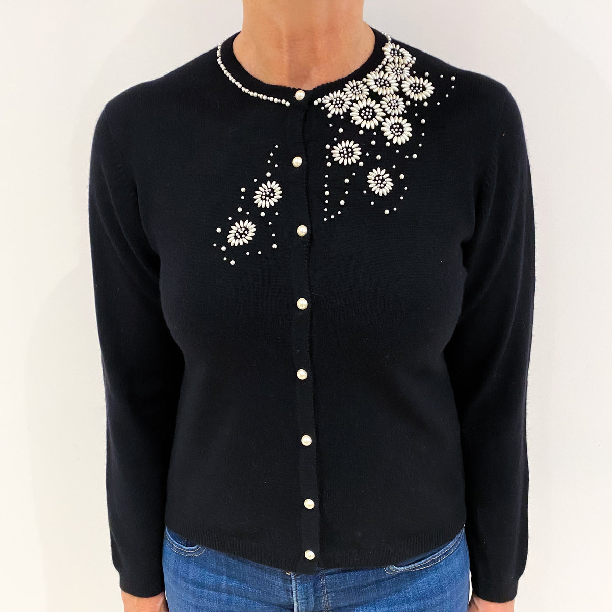 Black Embellished Crew Neck Cashmere Cardigan Medium