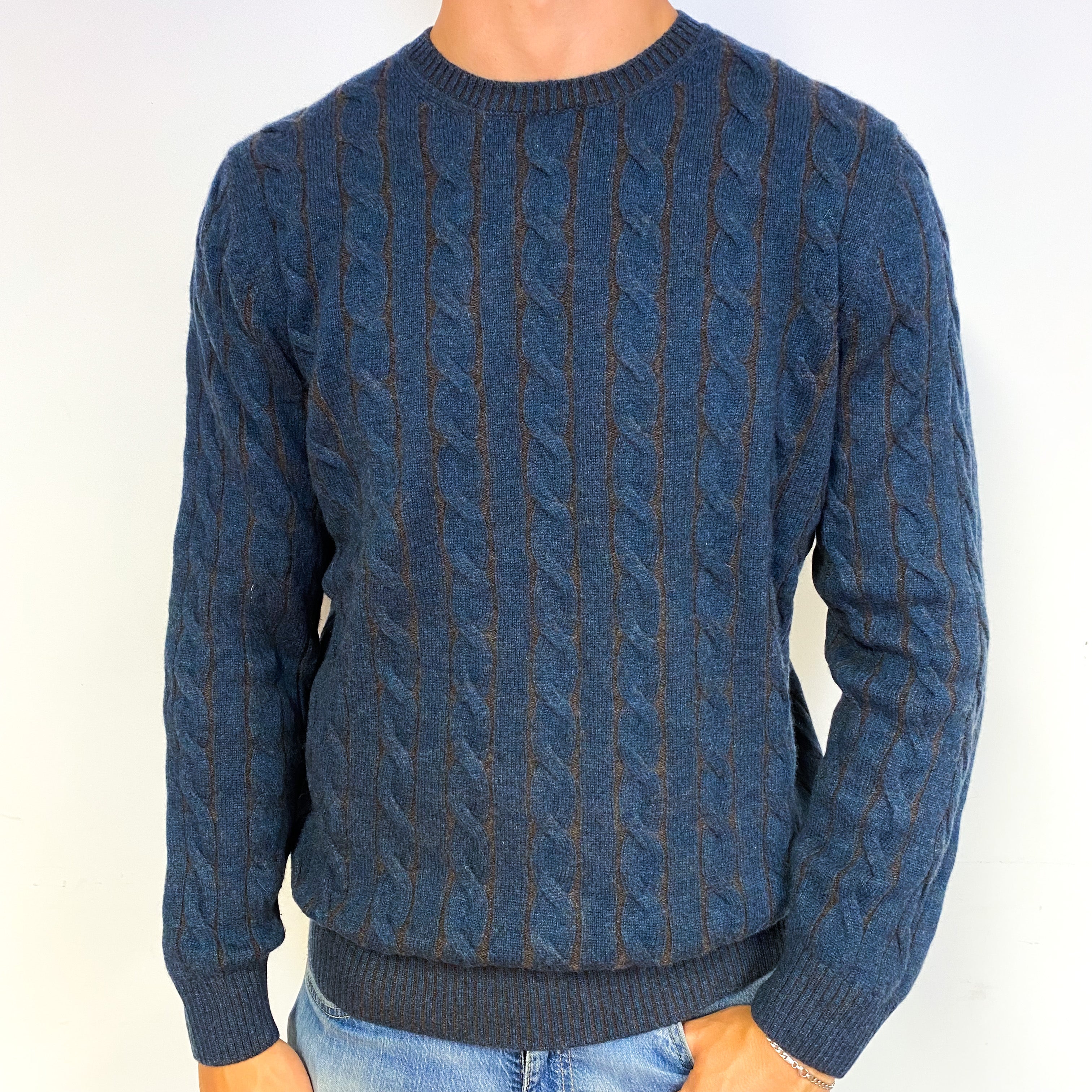 Men's Blue Brown Cable Knit Cashmere Crew Neck Jumper Extra Large