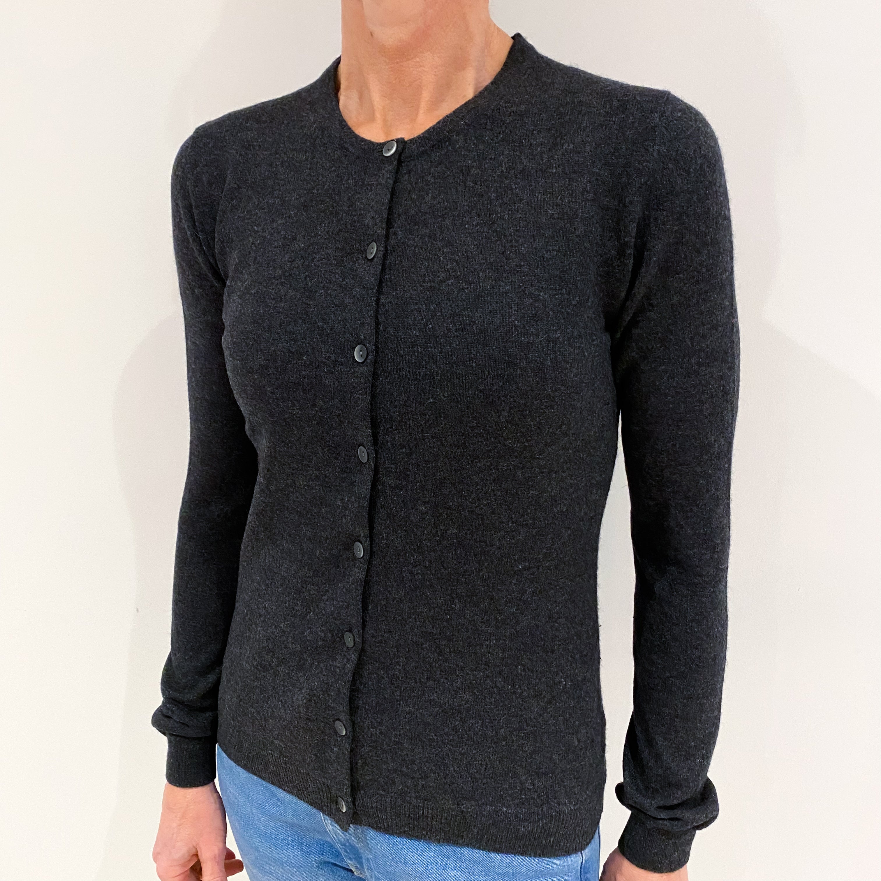 Charcoal Grey Cashmere Crew Neck Cardigan Small
