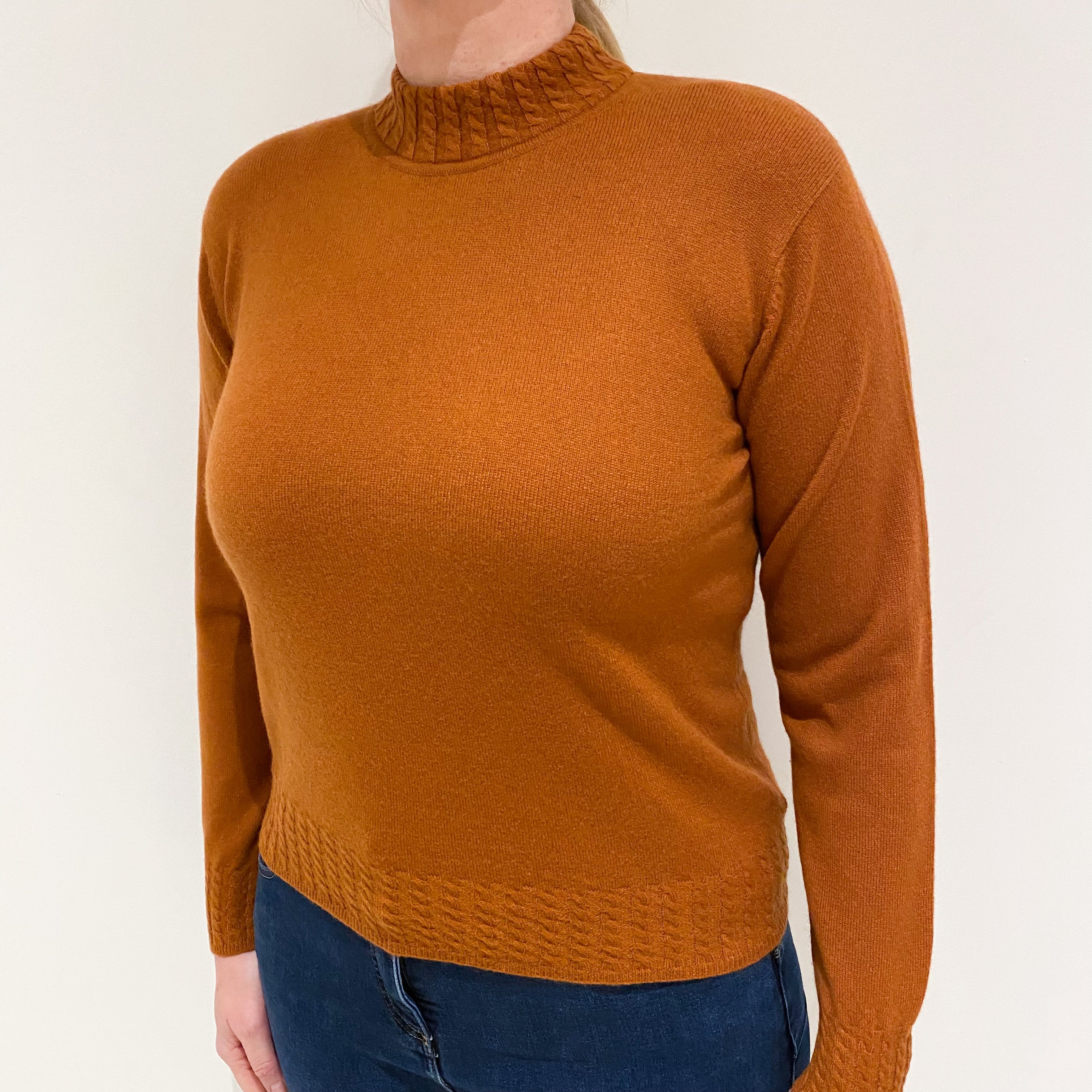 Rust Orange Cable Trim Cashmere Turtle Neck Jumper Large