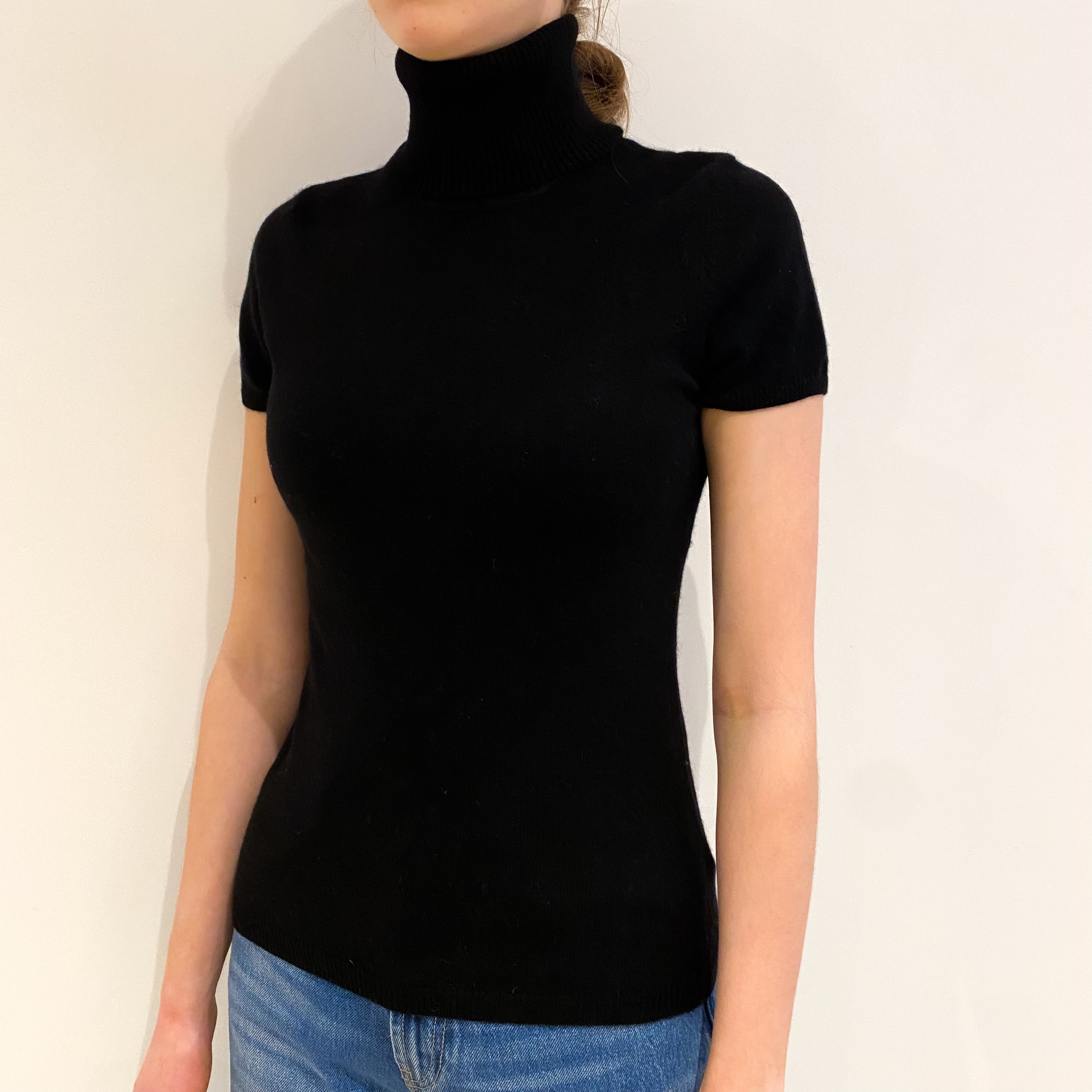 Black Cashmere Short Sleeved Polo Neck Jumper Extra Small
