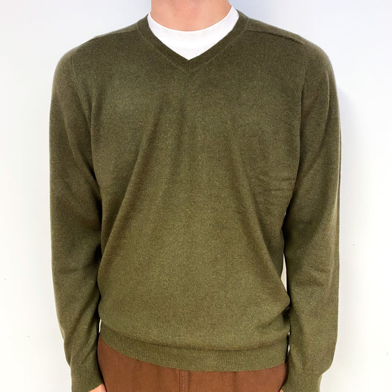Men's Khaki Green Cashmere V-Neck Jumper Large
