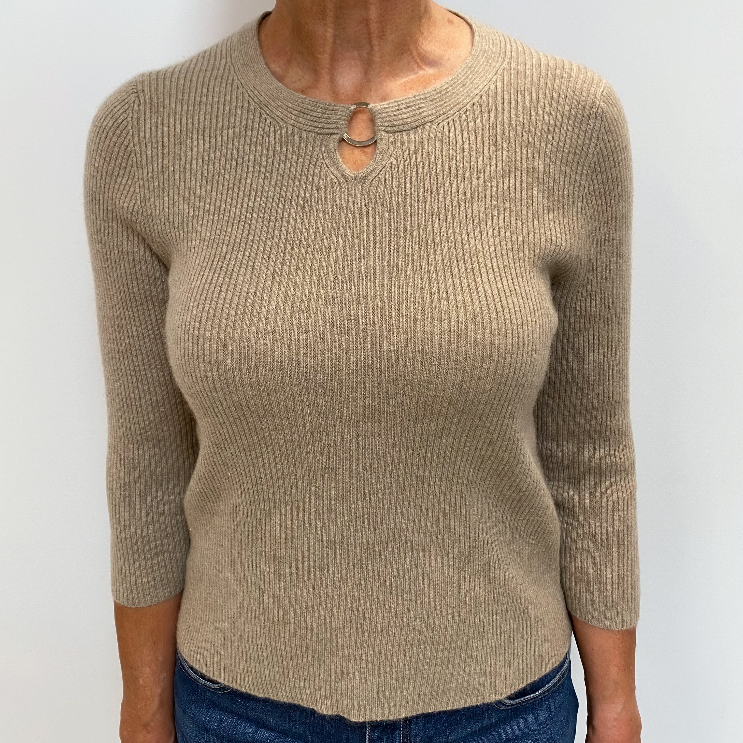 Fawn Beige Cashmere Crew Neck Ribbed Knit Jumper Medium