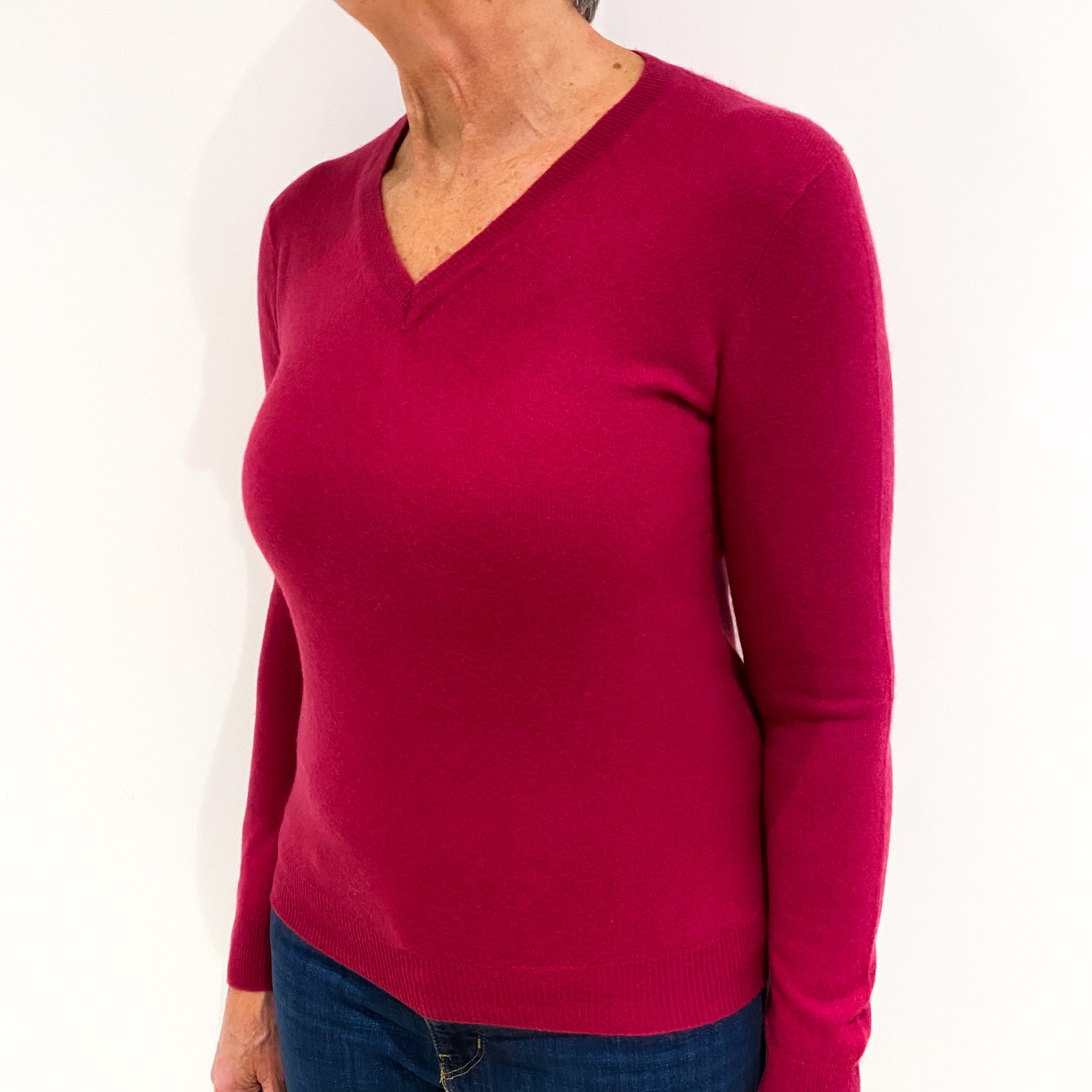 Raspberry Pink Cashmere V-Neck Jumper Medium