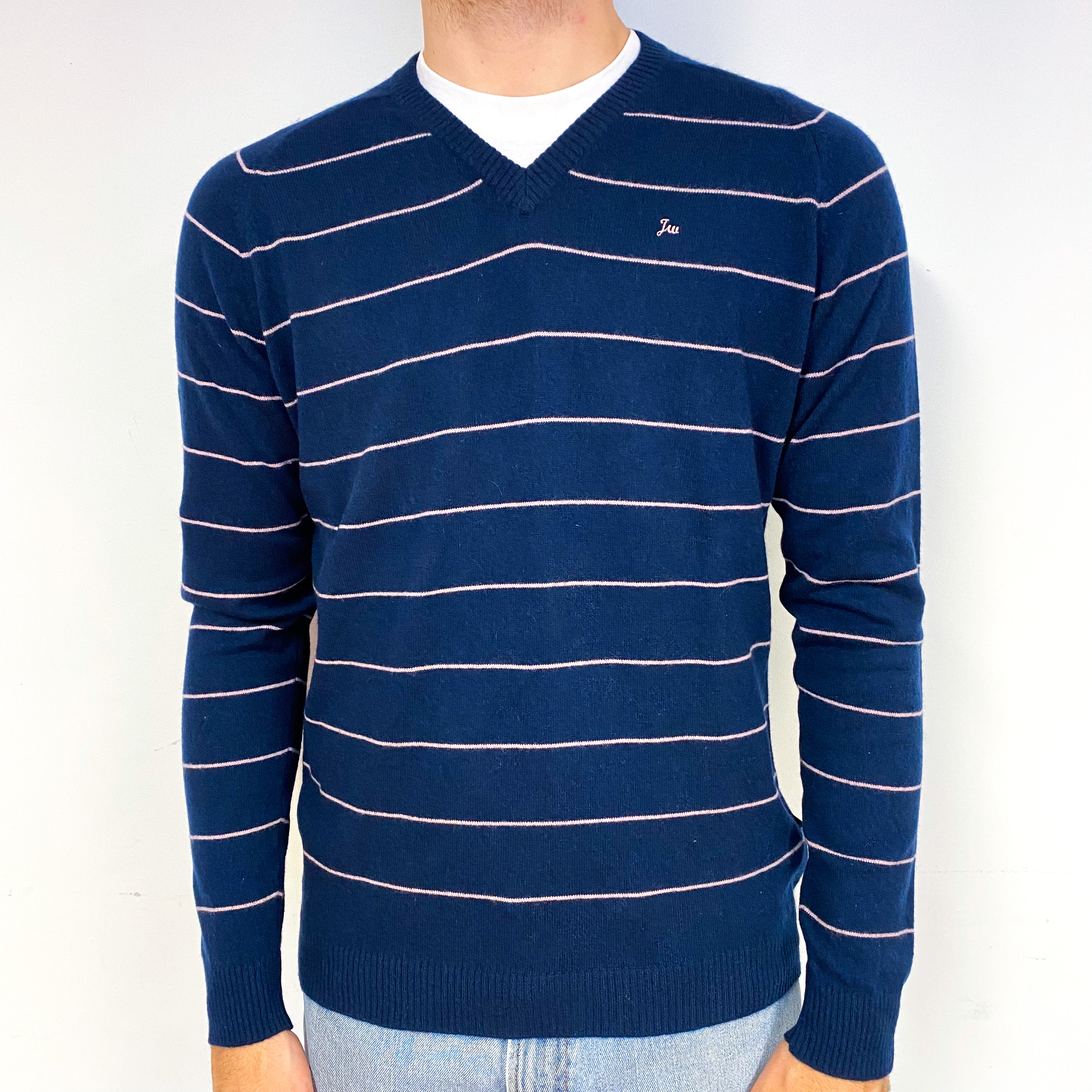 Men's Navy Pink Stripe Cashmere V-Neck Jumper Medium
