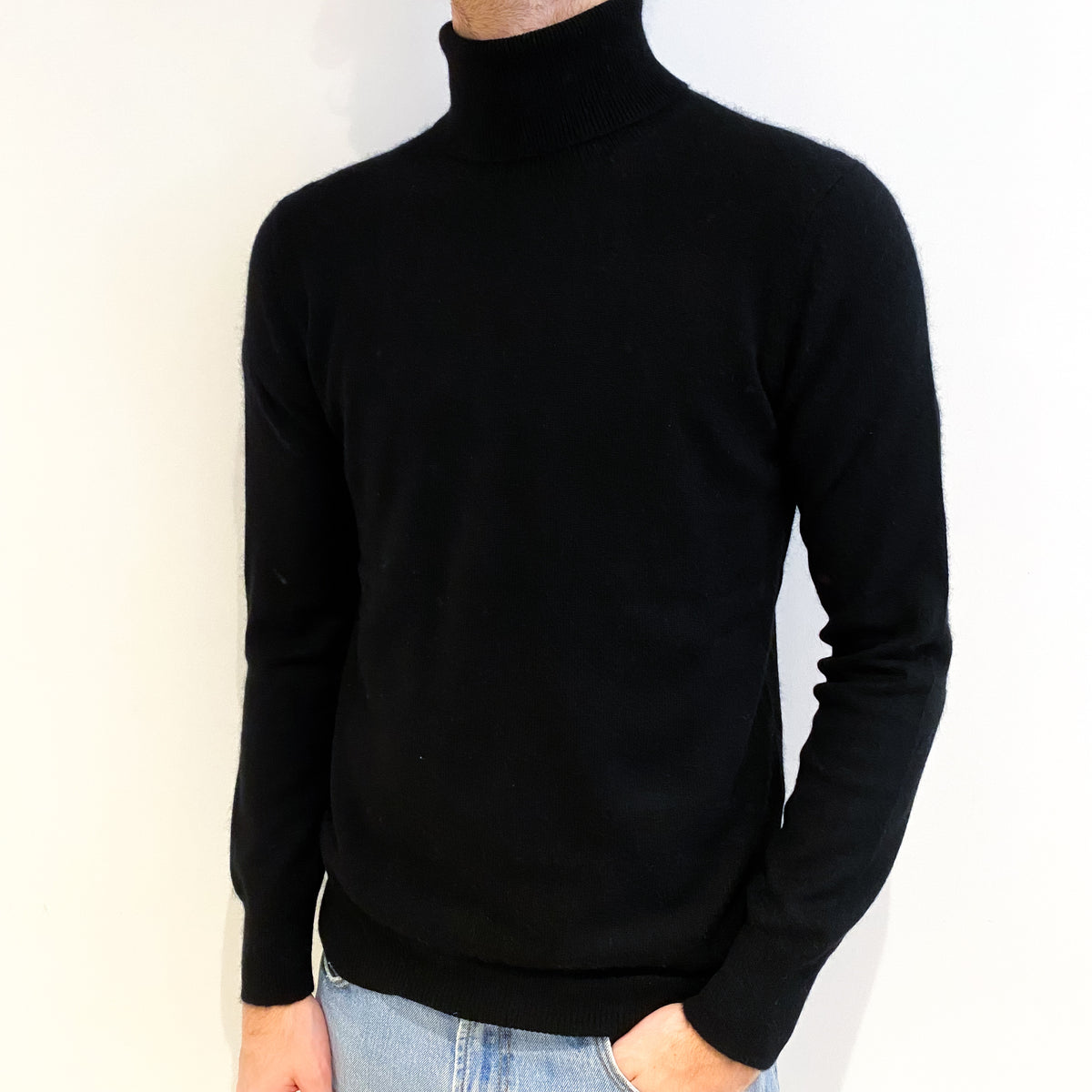 Men's Black Cashmere Polo Neck Jumper Medium
