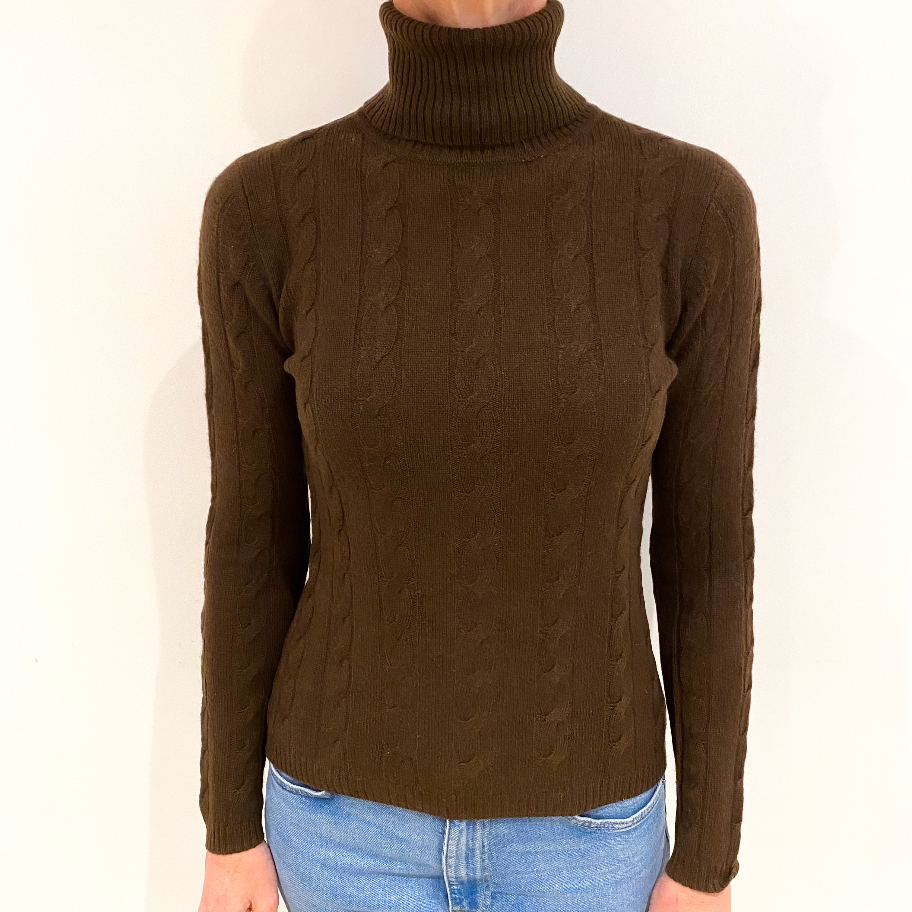 Chocolate Brown Cashmere Polo Neck Jumper Small