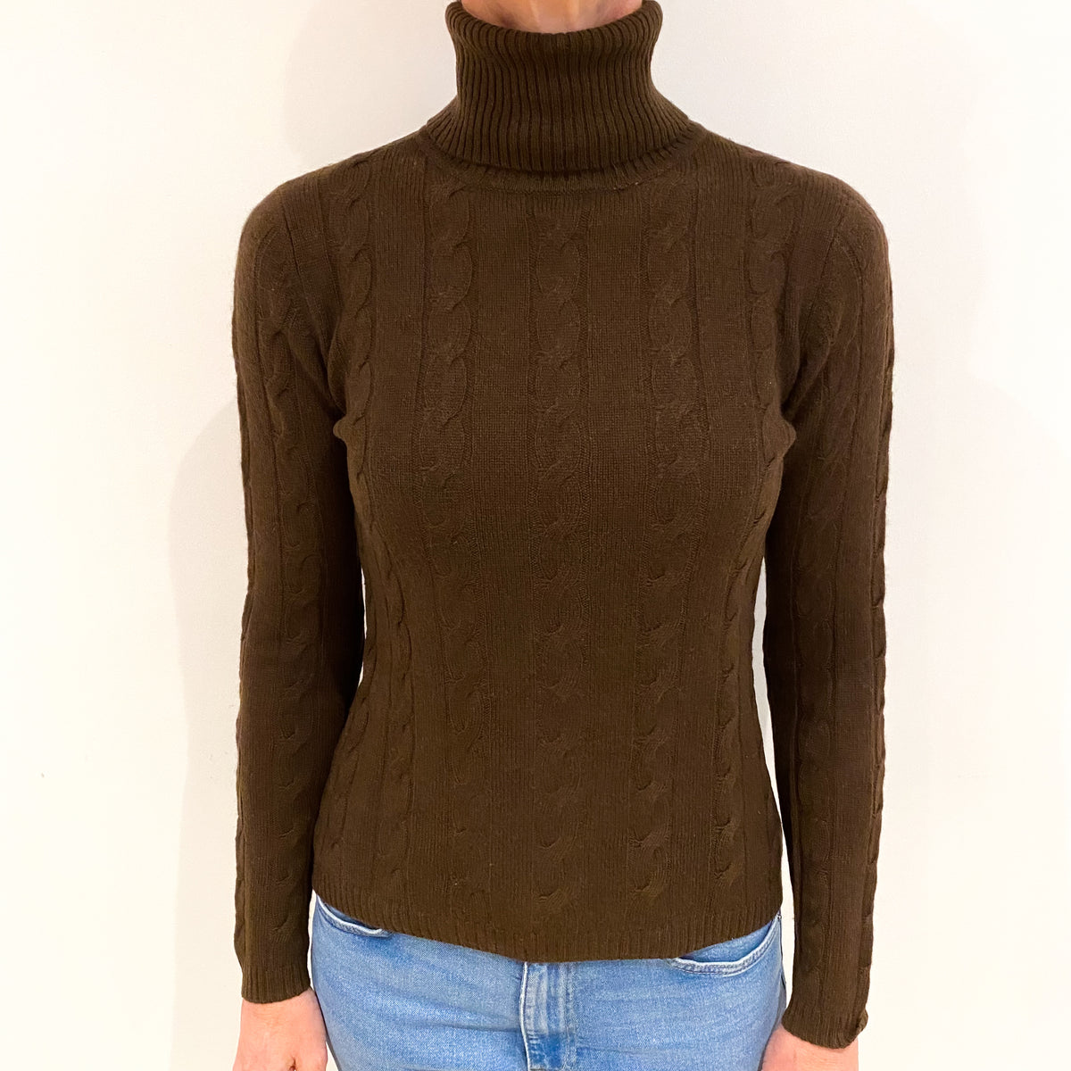 Chocolate Brown Cashmere Polo Neck Jumper Small