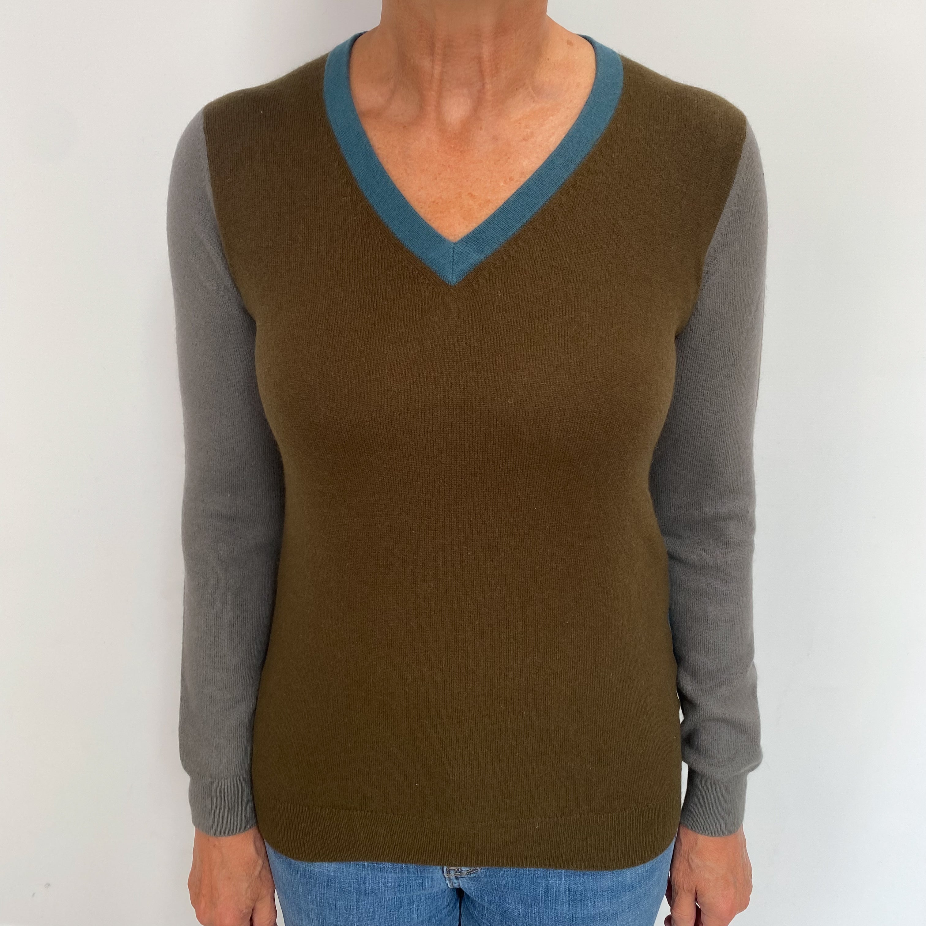 Army Green and Muted Mushroom Grey and Teal Cashmere V Neck Jumper Medium