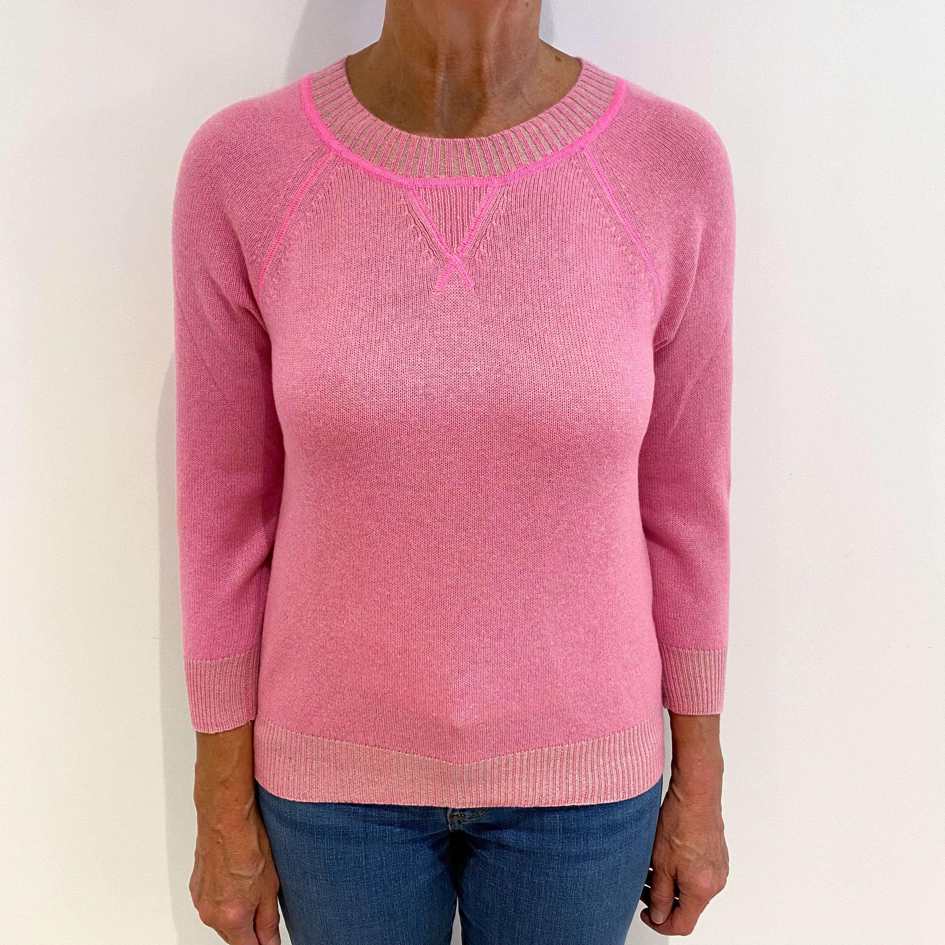 Neon Pink Two Tone Cashmere Crew Neck Jumper Medium