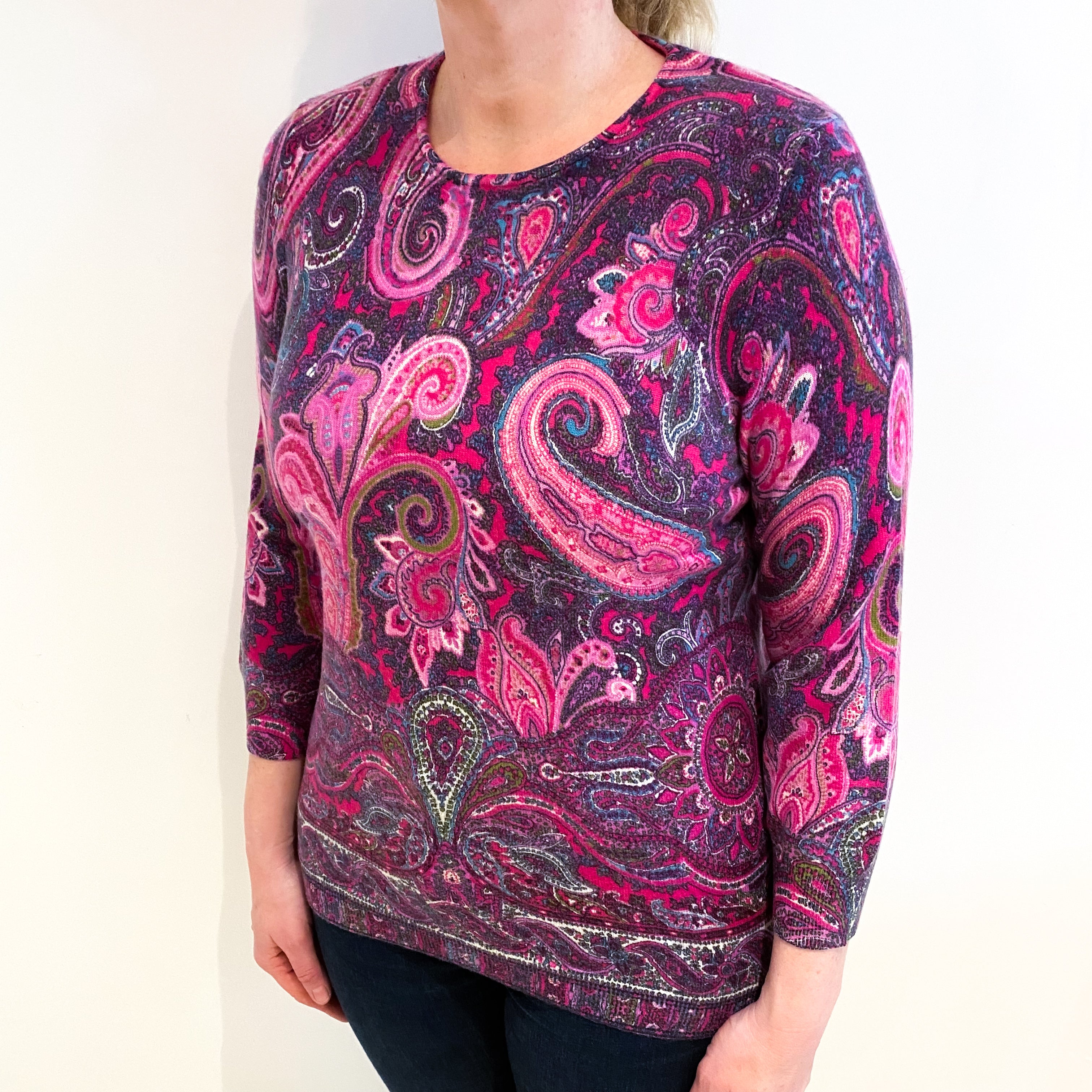 Pink and Purple Paisley Cashmere Crew Neck Jumper Large