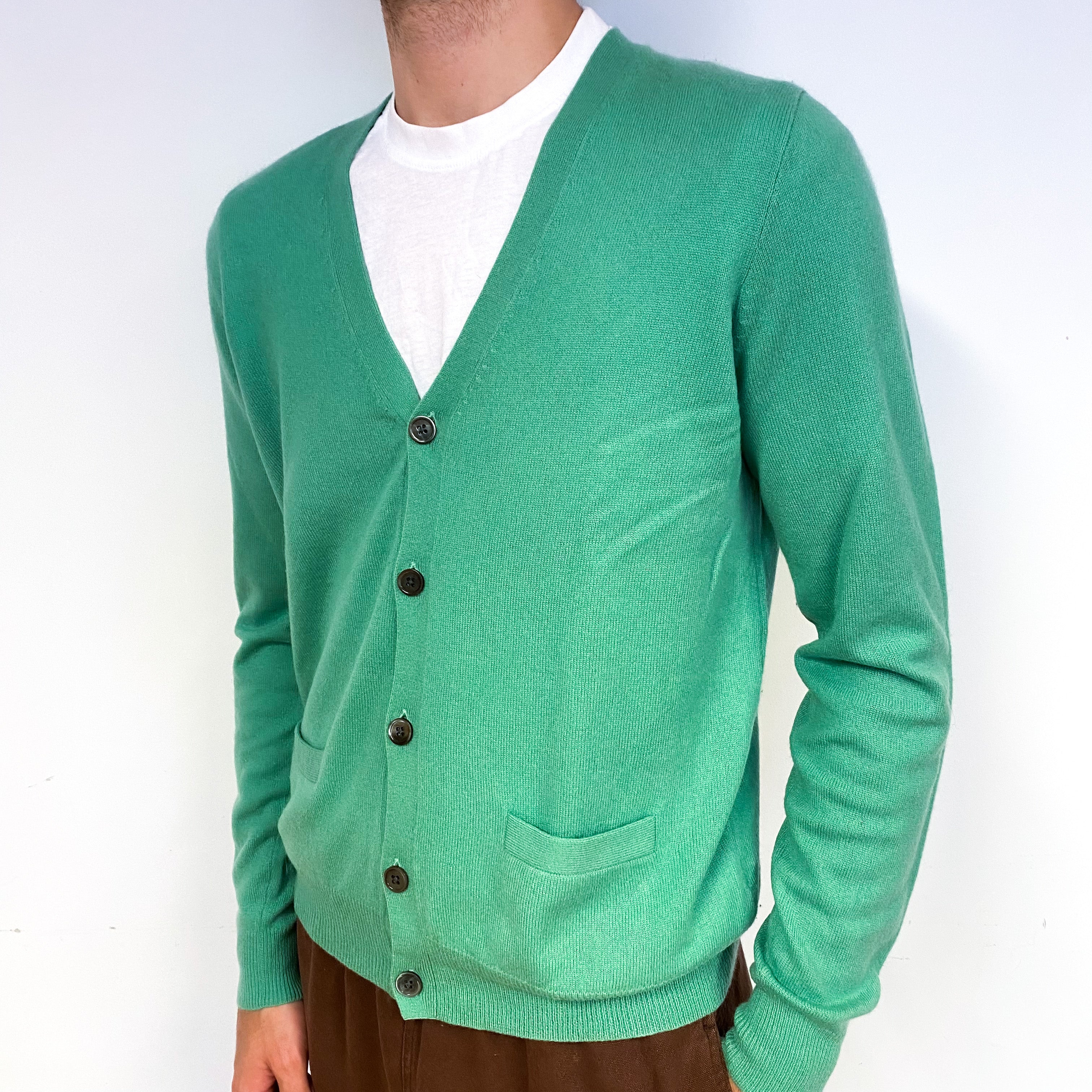 Men's Sea Foam Green Cashmere V-Neck Cardigan Medium