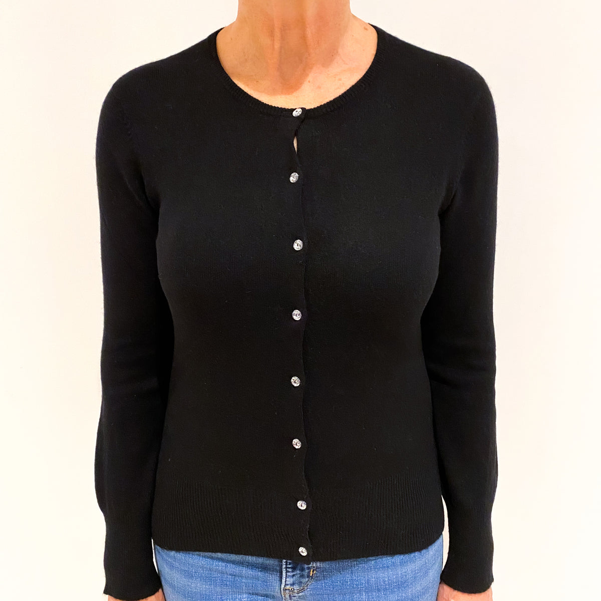 Black Diamanté Button Cashmere Crew Neck Cardigan Medium