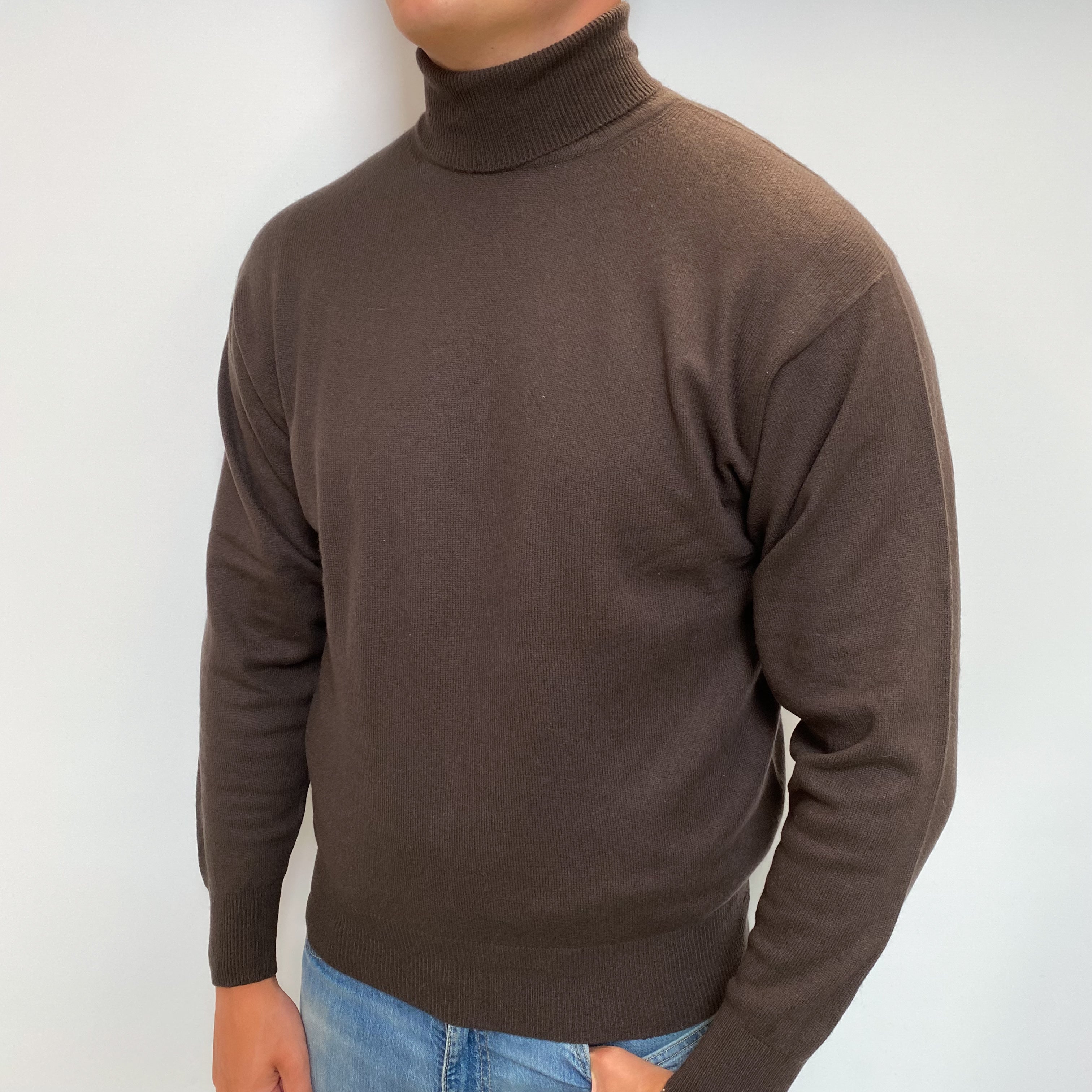 Men's Chocolate Brown Cashmere Polo Neck Jumper XL