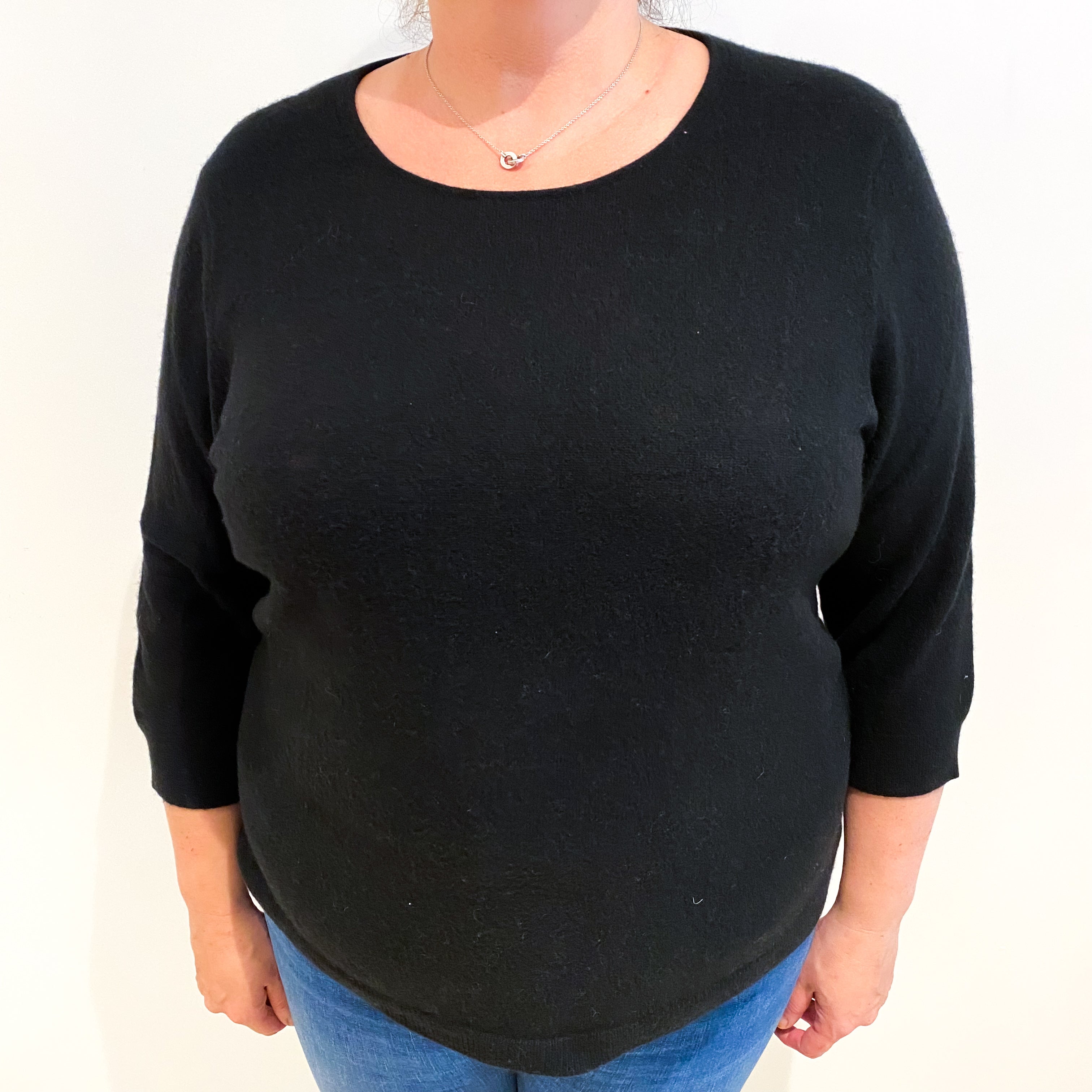 Black Cashmere 3/4 Sleeve Scoop Neck Jumper Extra Large