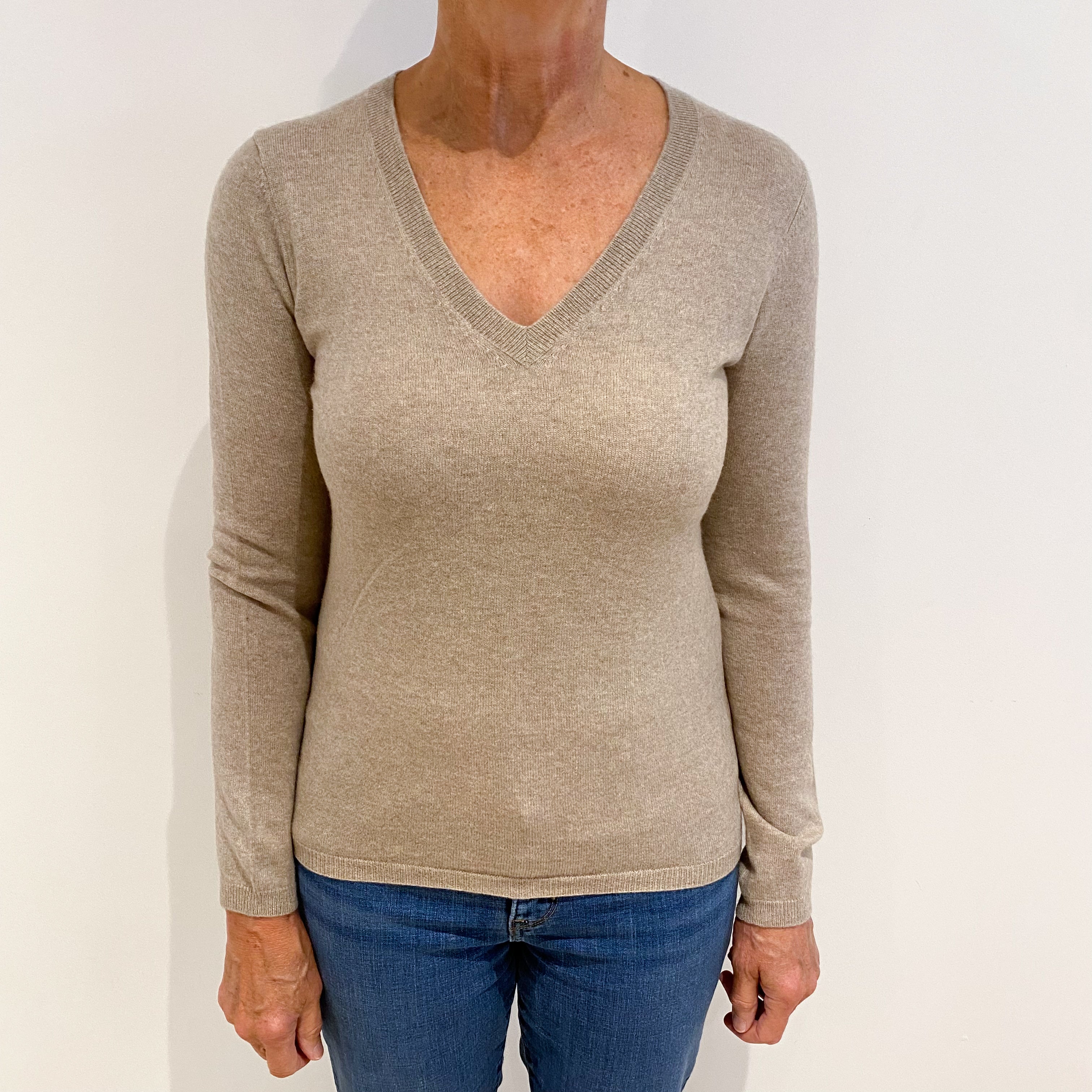 Fawn Brown Cashmere V-Neck Jumper Medium